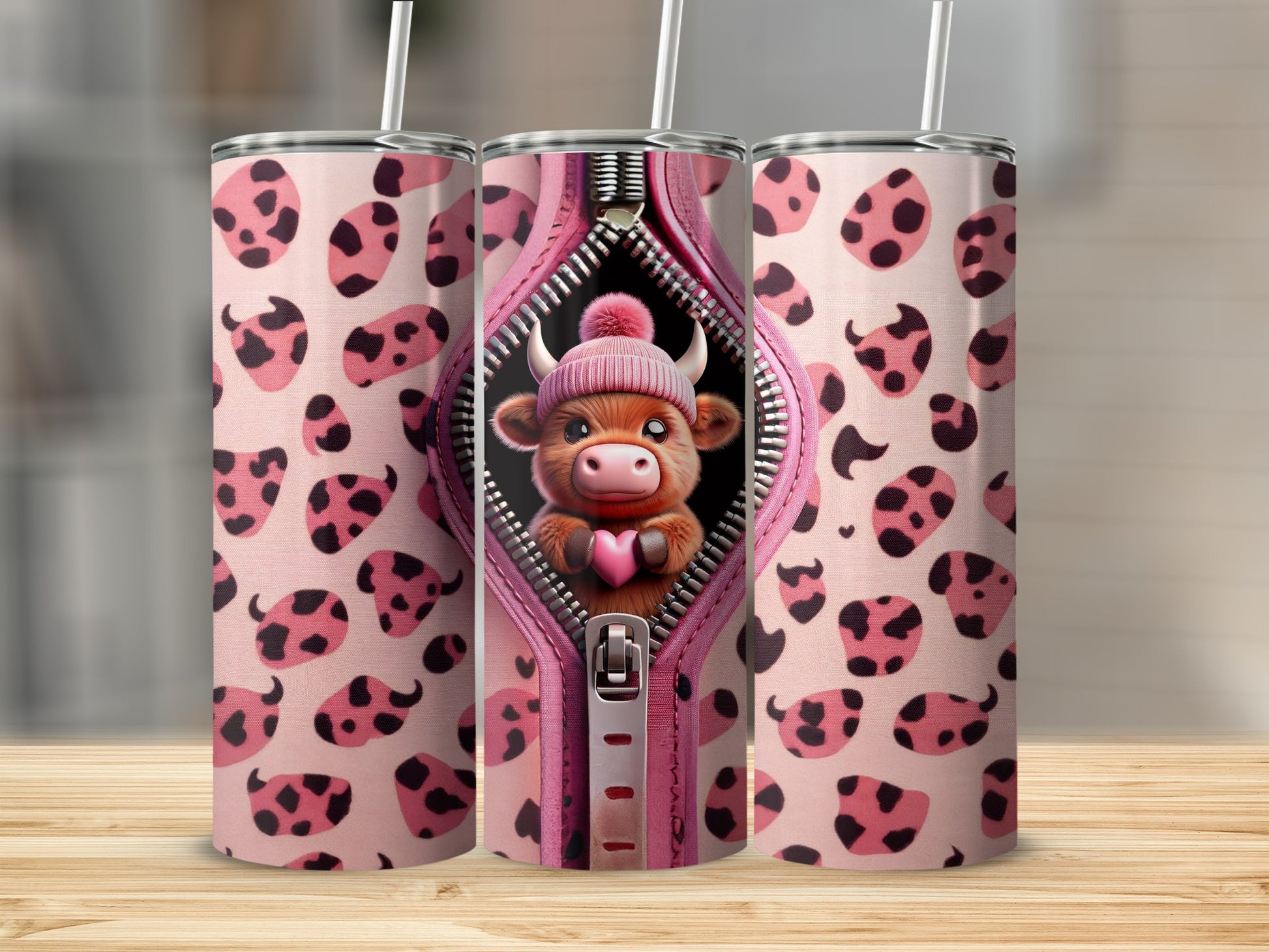 Pink tumbler with cow print and zipped illustration of a cow holding a heart.