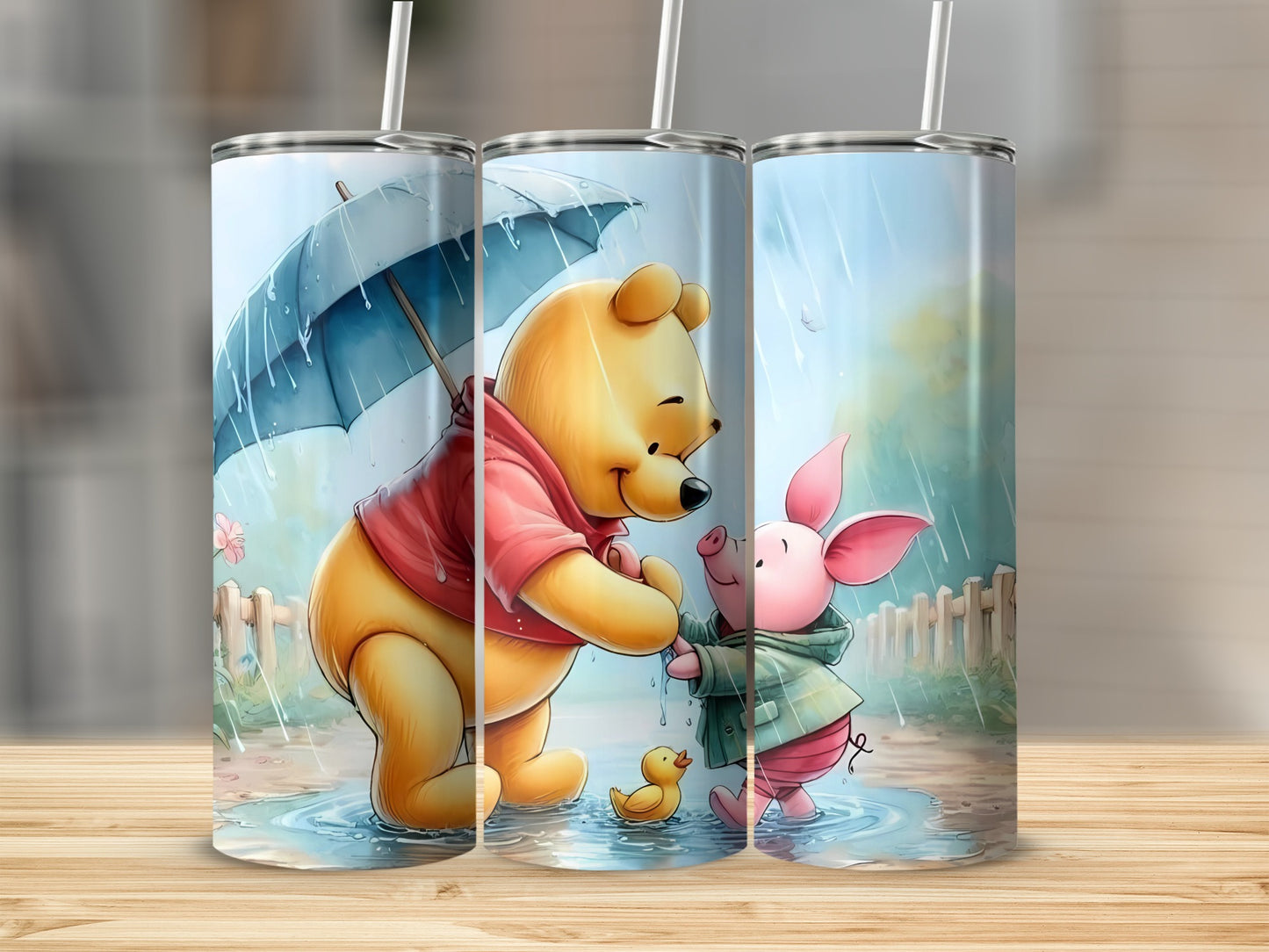 Winne The Pooh And Piglet In Rain With A Duck Tumblers