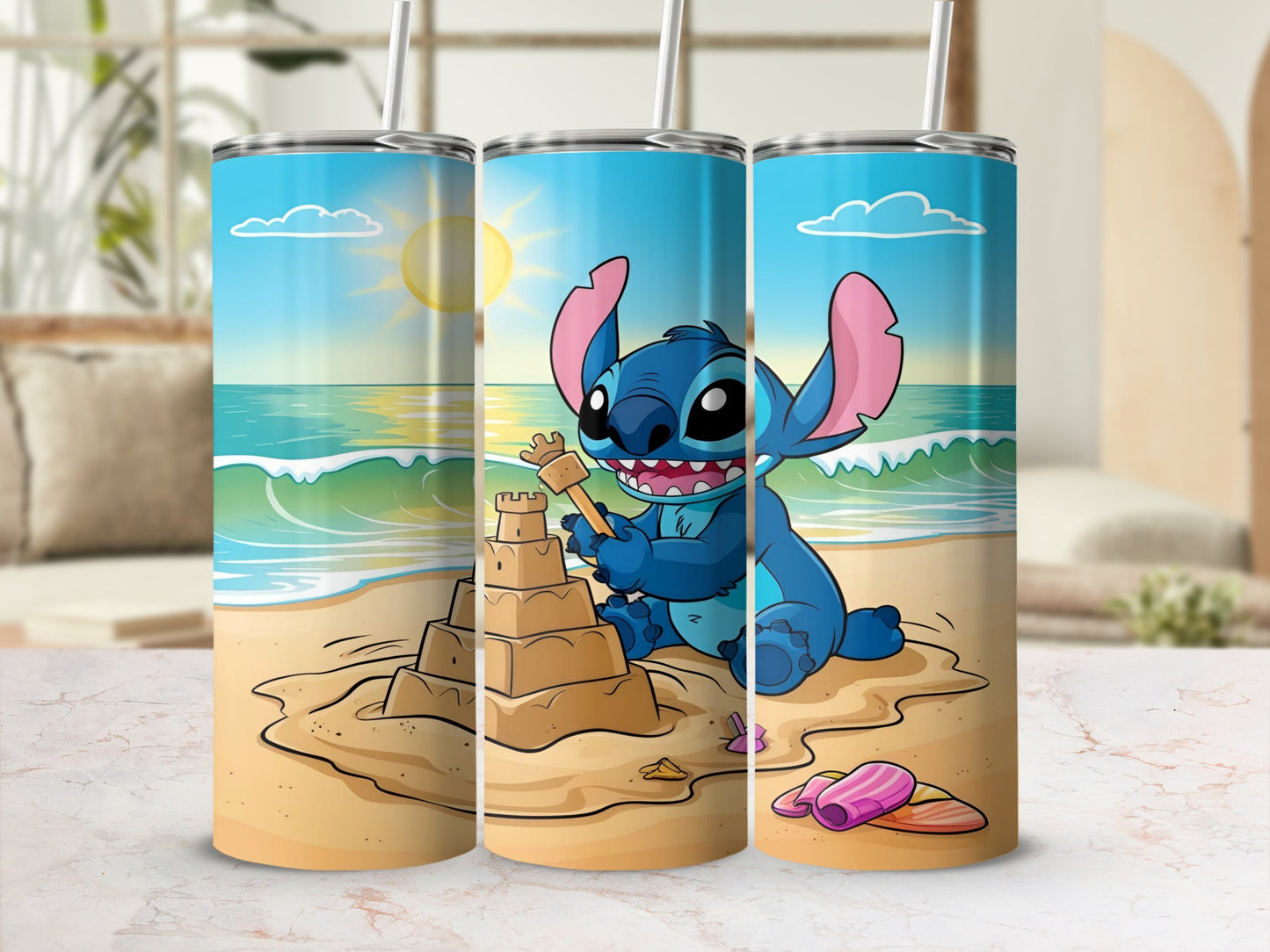 Stitch building a sandcastle on a beach, holding a shovel.