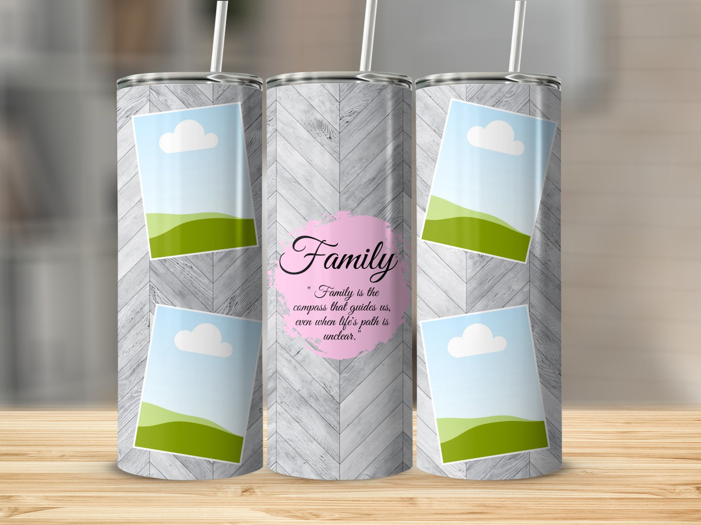 Tumbler with wood grain pattern, photo frames, and "Family" quote.