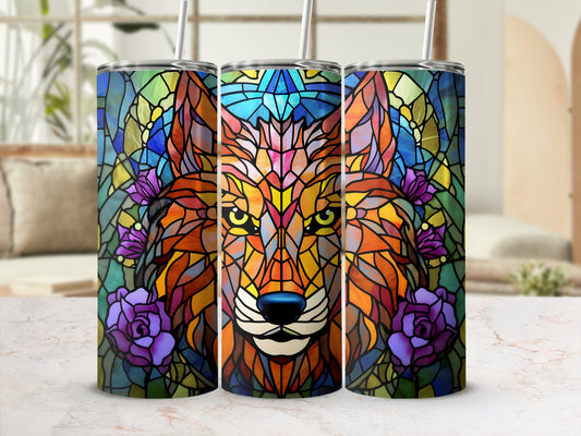 Wolf face with floral stained glass design on three tumblers.