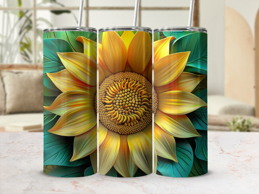 Three tumblers featuring a detailed sunflower and green leaves design.