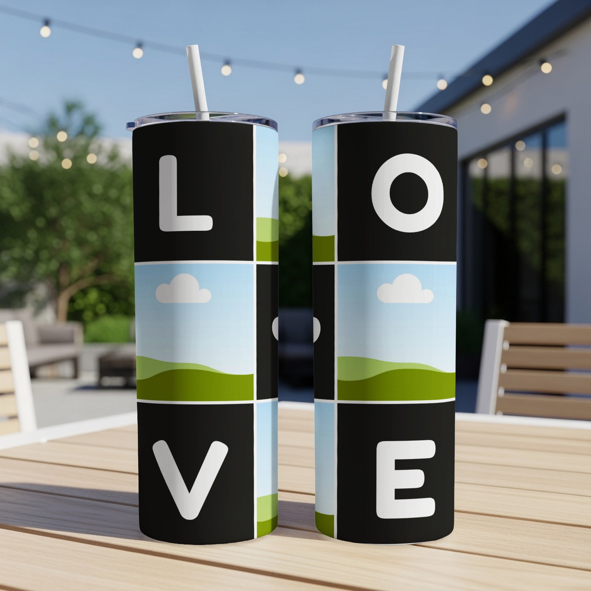 Two tumblers with the word "LOVE" in large white letters against a black background and photo panels.