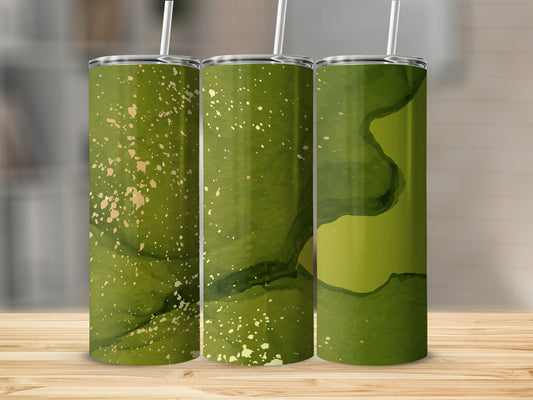 Three olive green tumblers with abstract gold and green patterns.
