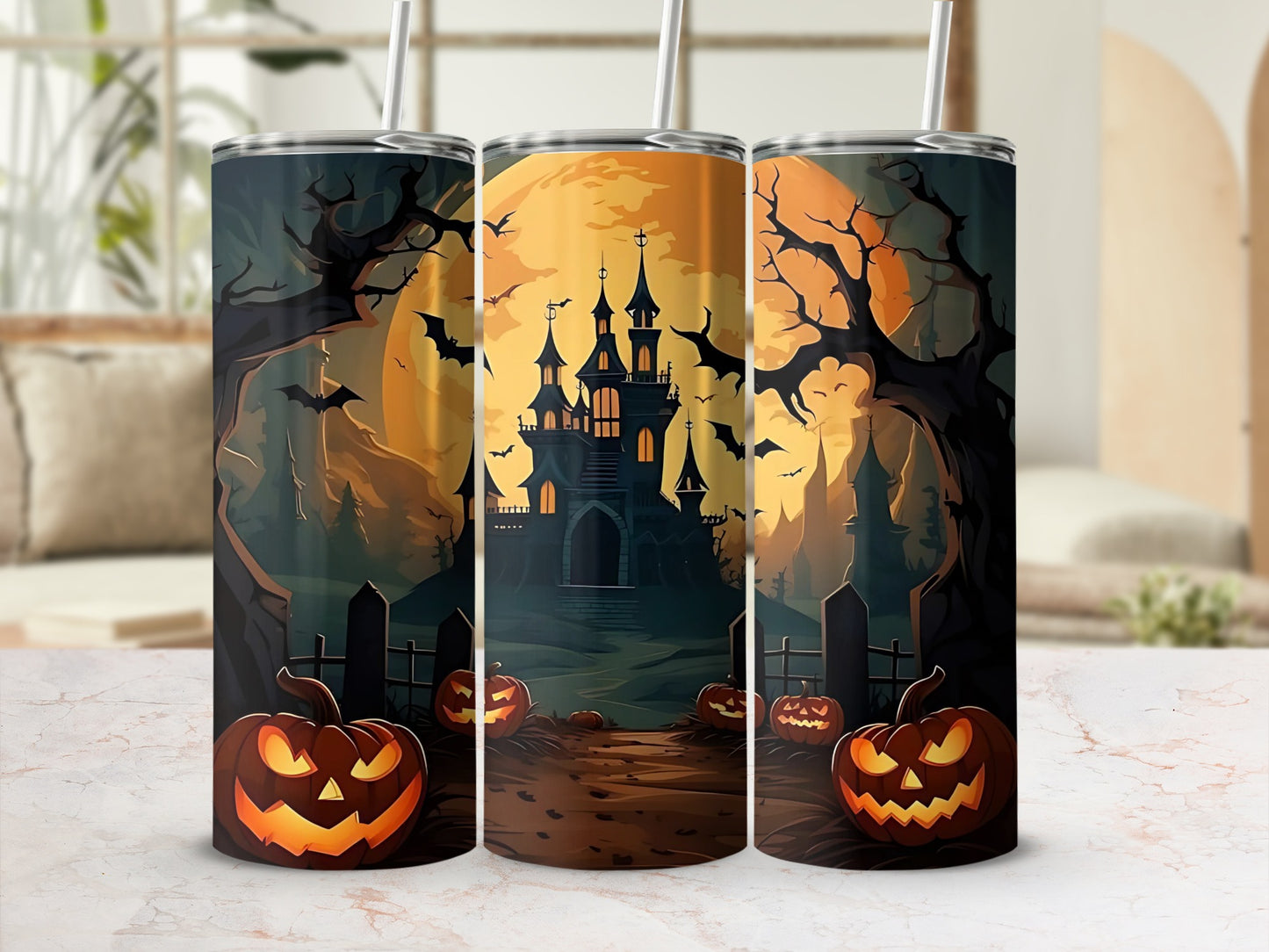Halloween scene with spooky castle, pumpkins, bats, and full moon on three tumblers.