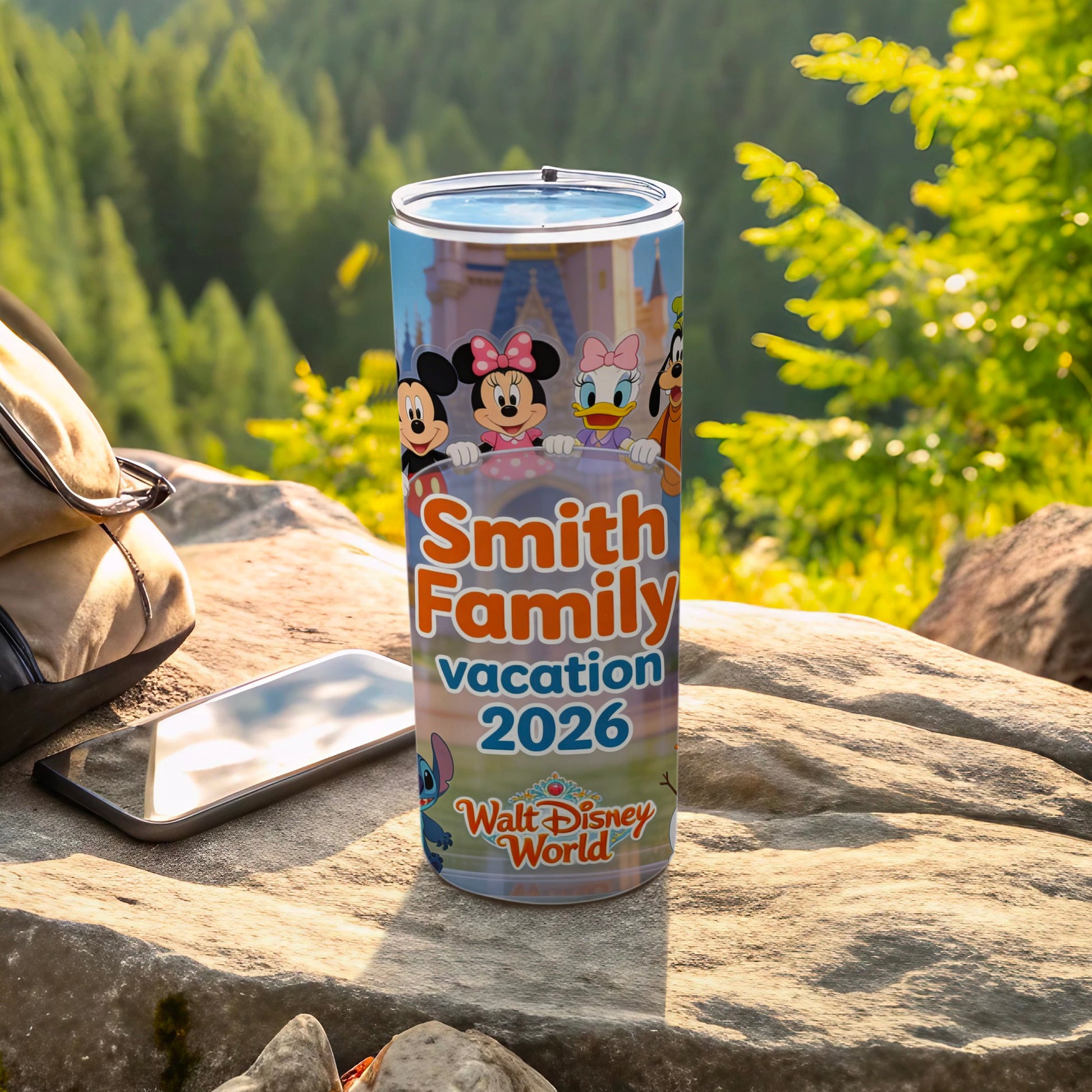 "Smith Family Vacation 2026 Walt Disney World" tumbler with cartoon characters.