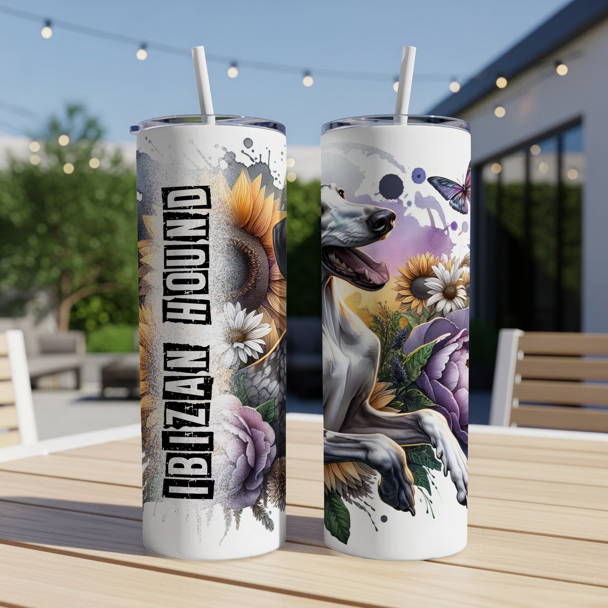 Ibiza Hound tumbler with sunflowers and purple flowers, featuring a greyhound.