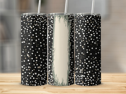 Three tumblers with black, white, and gold polka dots and a cream-colored stripe.