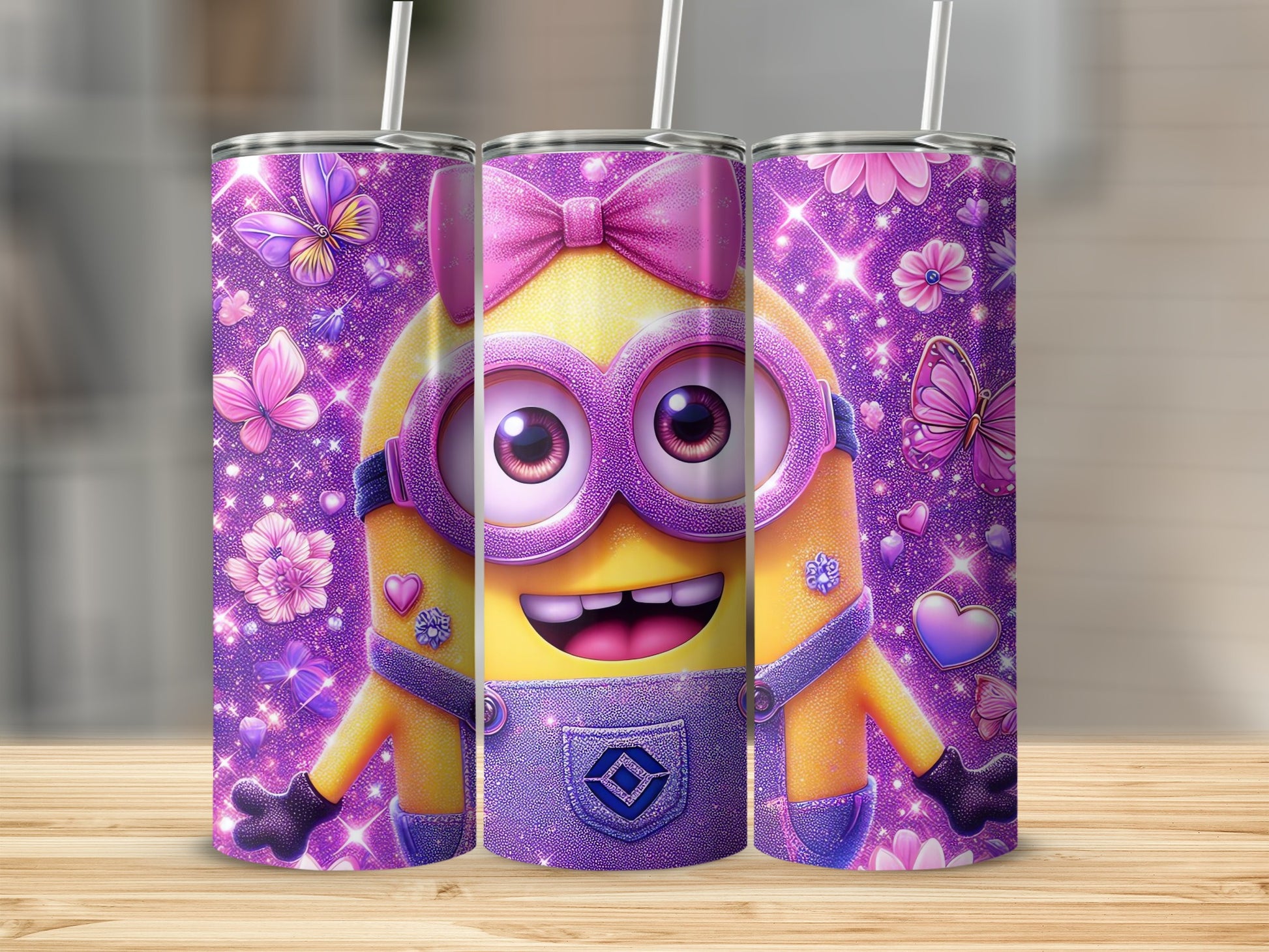 Cute Minion with Pink Bow and Butterflies Tumbler