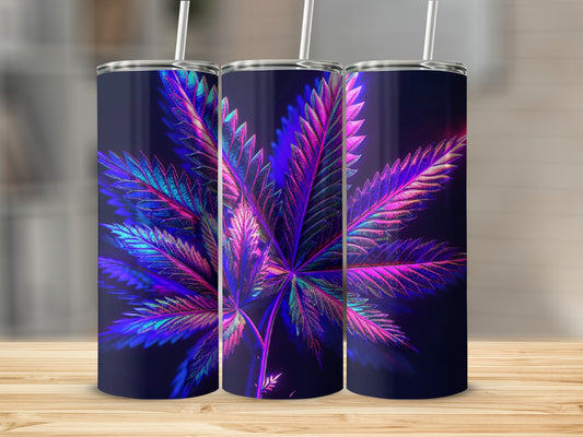 Three tumblers with glowing cannabis leaf design on dark background.