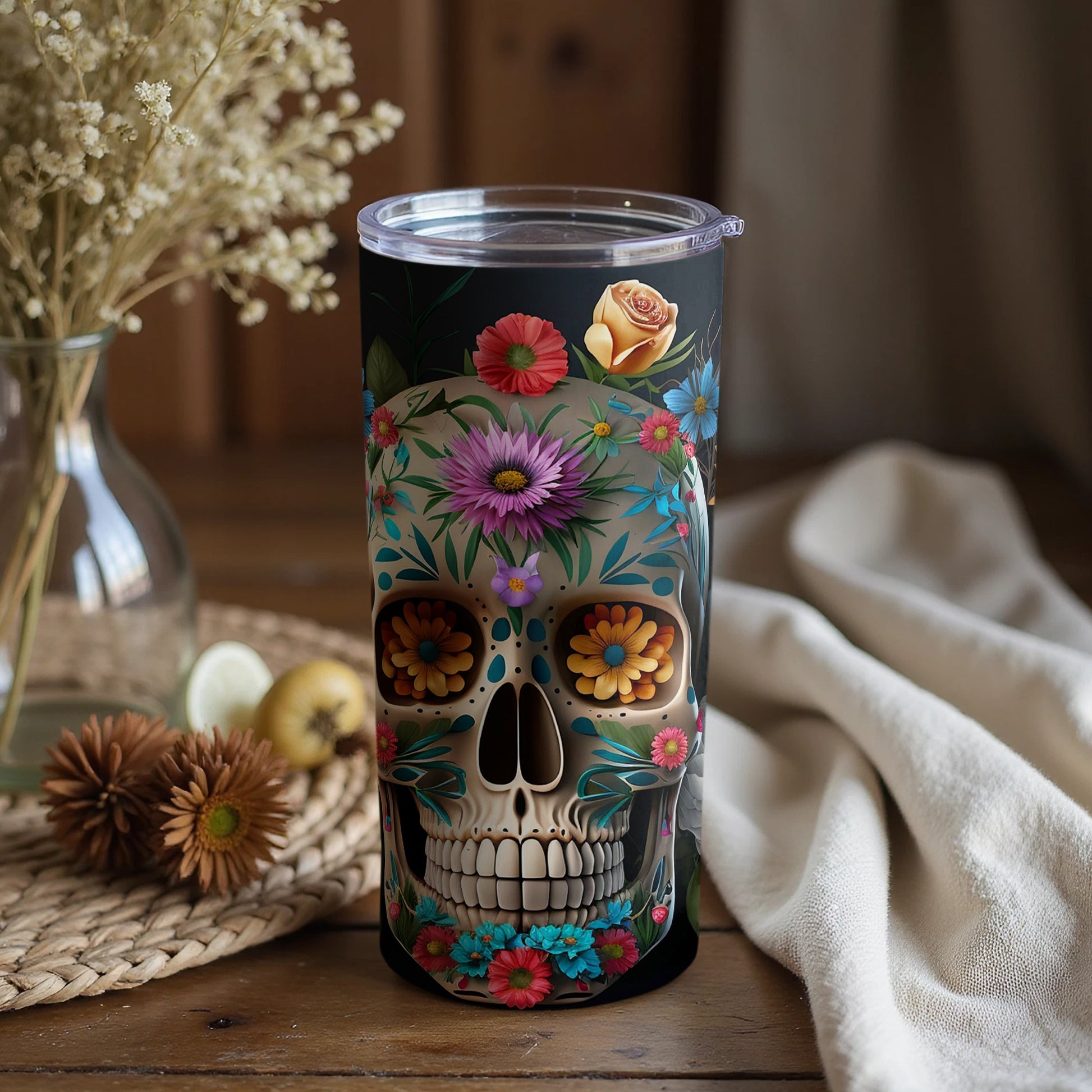 Vibrant Floral Sugar Skull Insulated Tumbler
