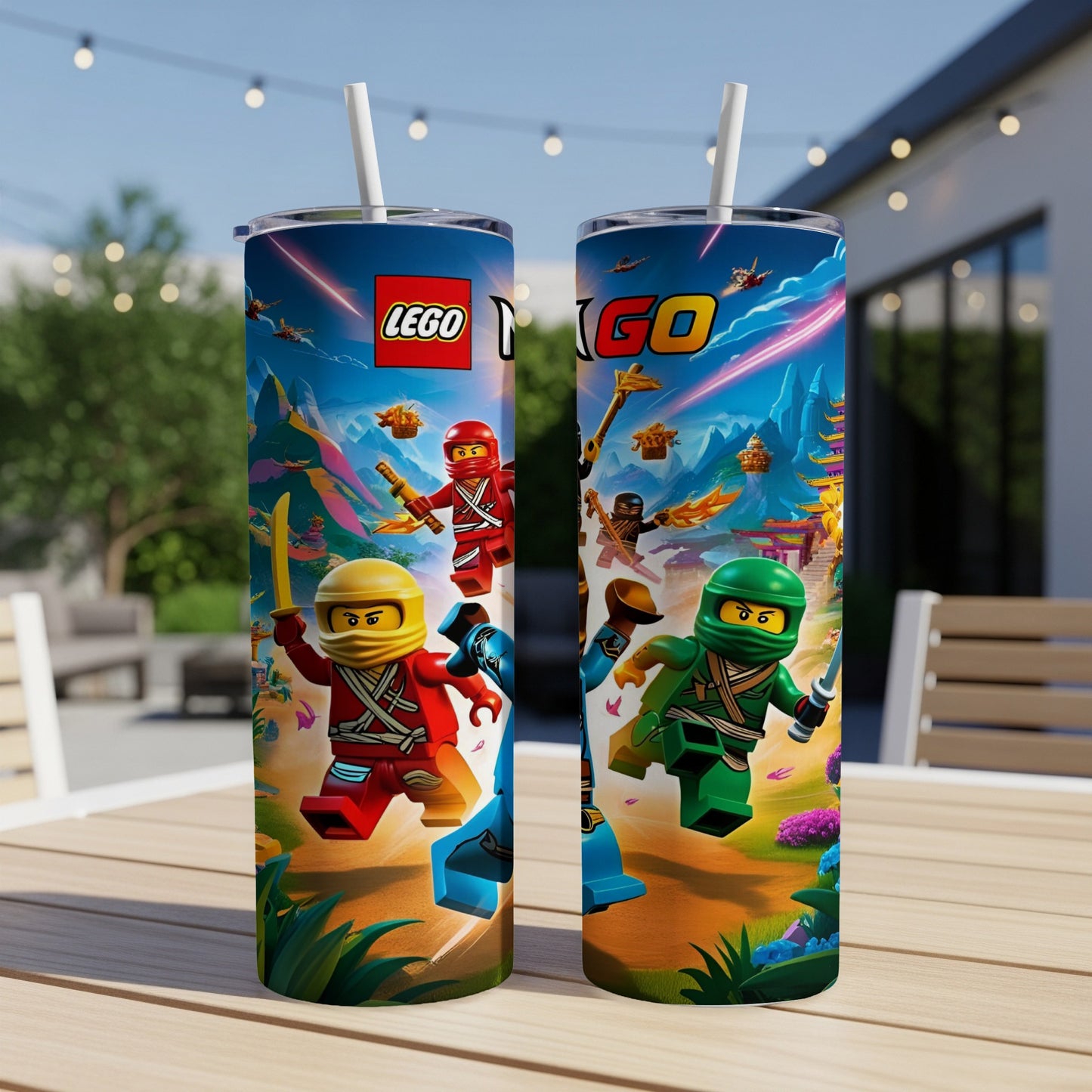 Two Ninjago LEGO characters in action on a colorful, vibrant tumbler.
