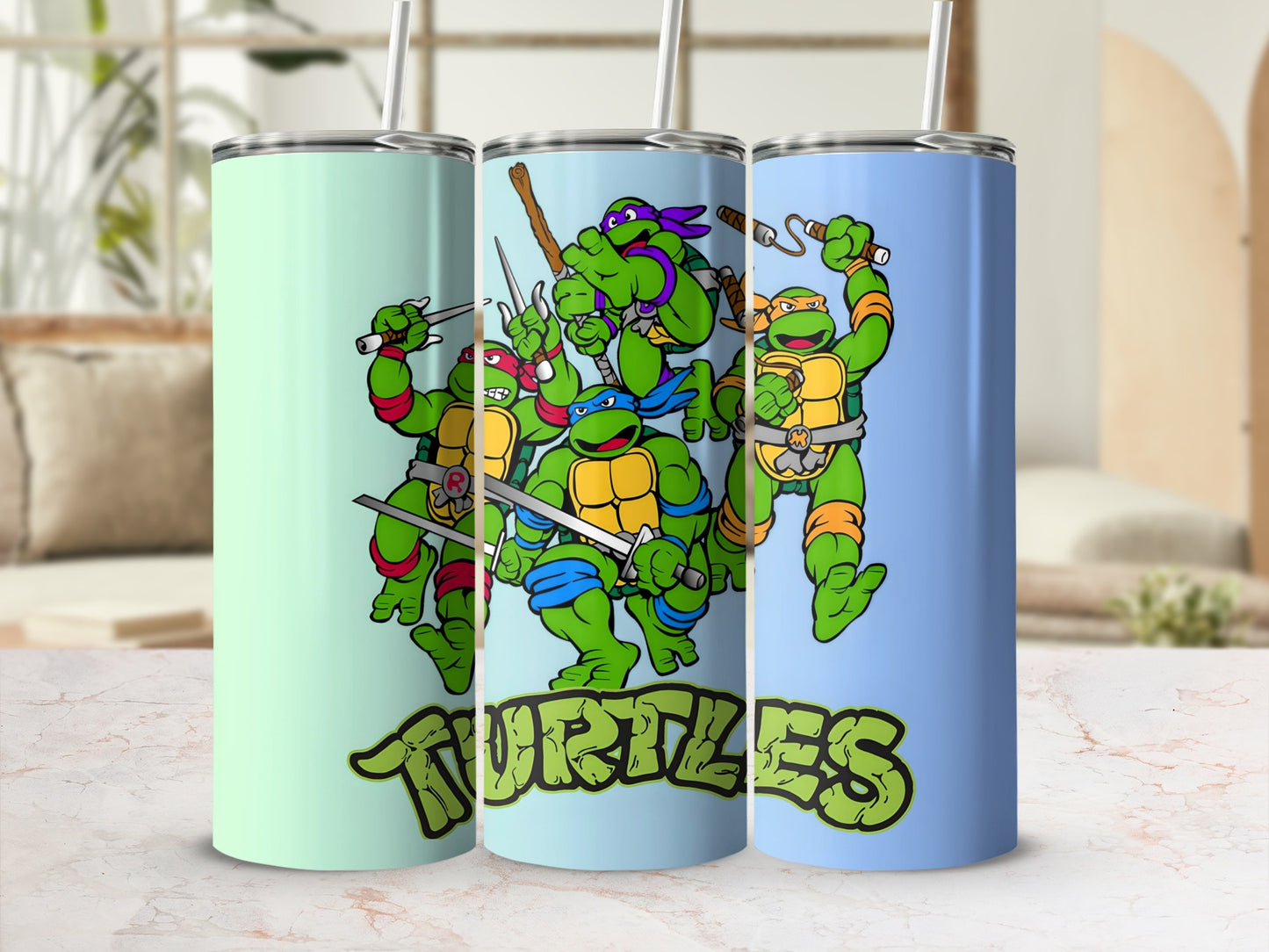 Vibrant Cartoon Turtles Design Tumbler Cup Gift