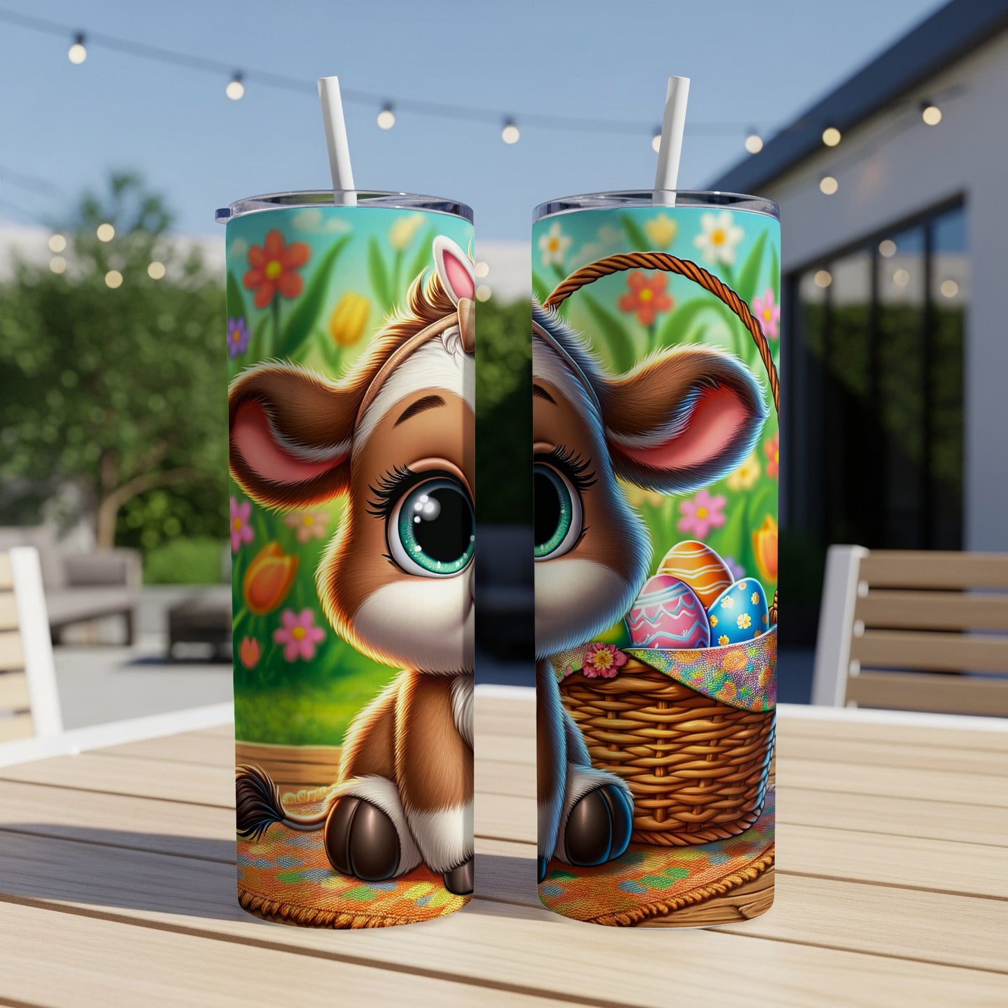 Cute cartoon cow and Easter basket tumbler designs.
