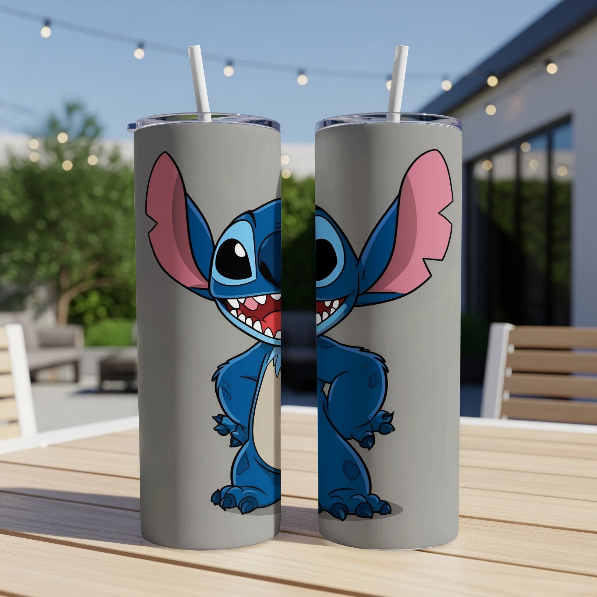 Two identical tumblers featuring Stitch from Disney's Lilo & Stitch.