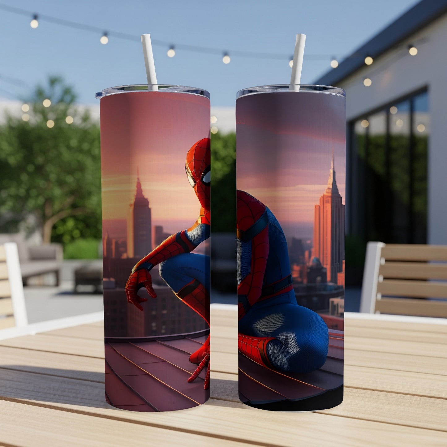 Spider-Man crouching on a rooftop with a city skyline at sunset.