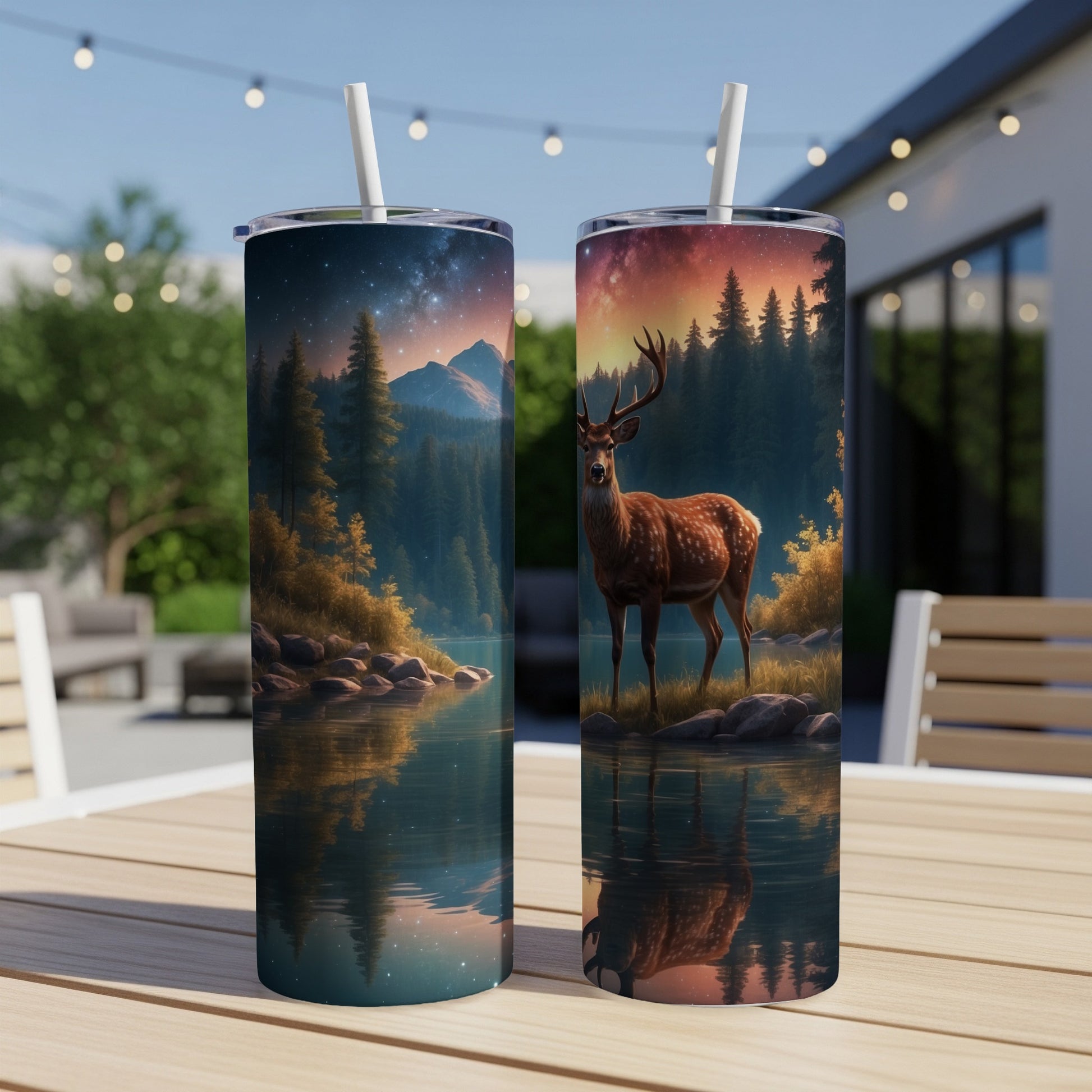 Two tumblers with a forest landscape featuring a deer and starry sky.