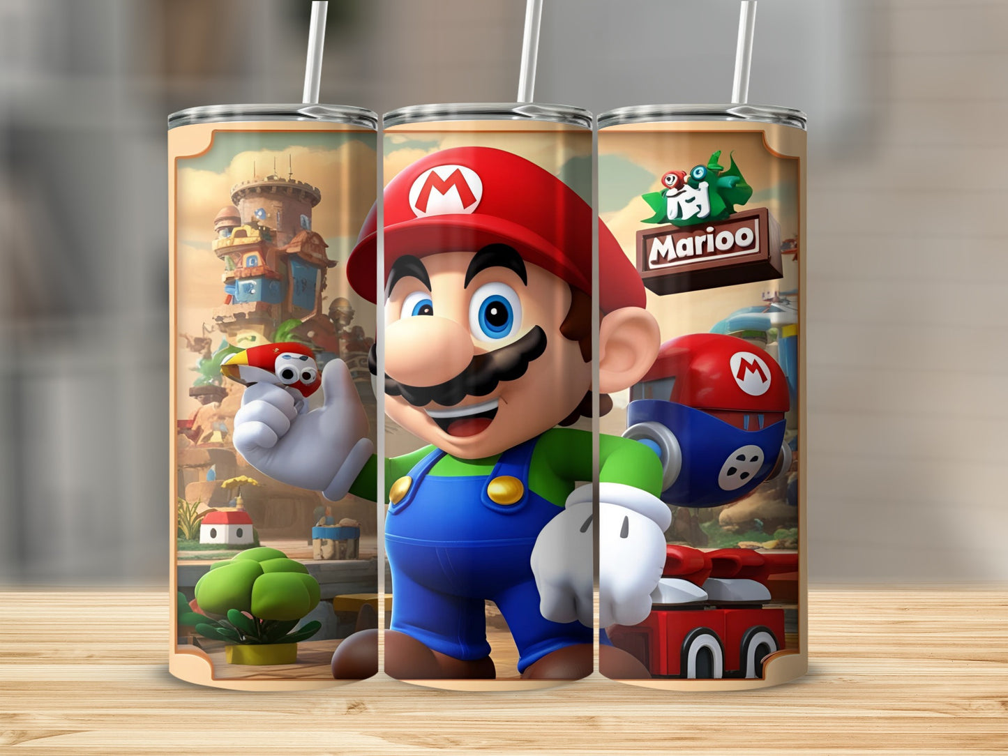 Mario holding a tool with a castle and cityscape background.
