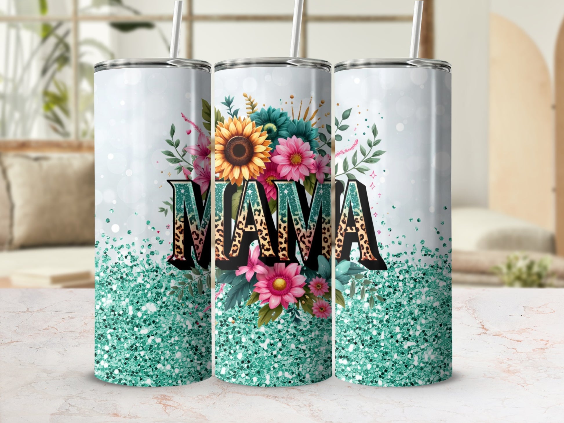 Mama Floral Design Glitter Tumbler for Moms Gift