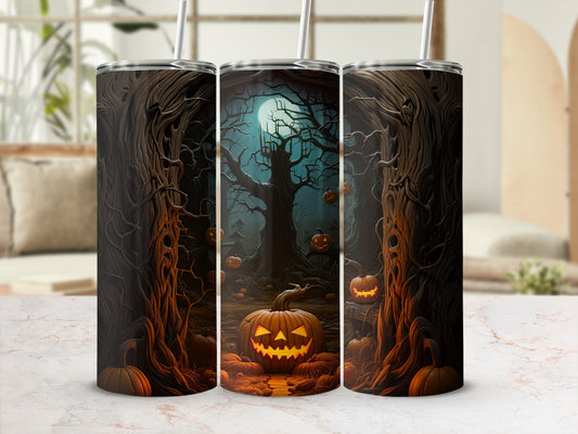 Halloween themed tumbler with spooky trees and jack-o'-lanterns.