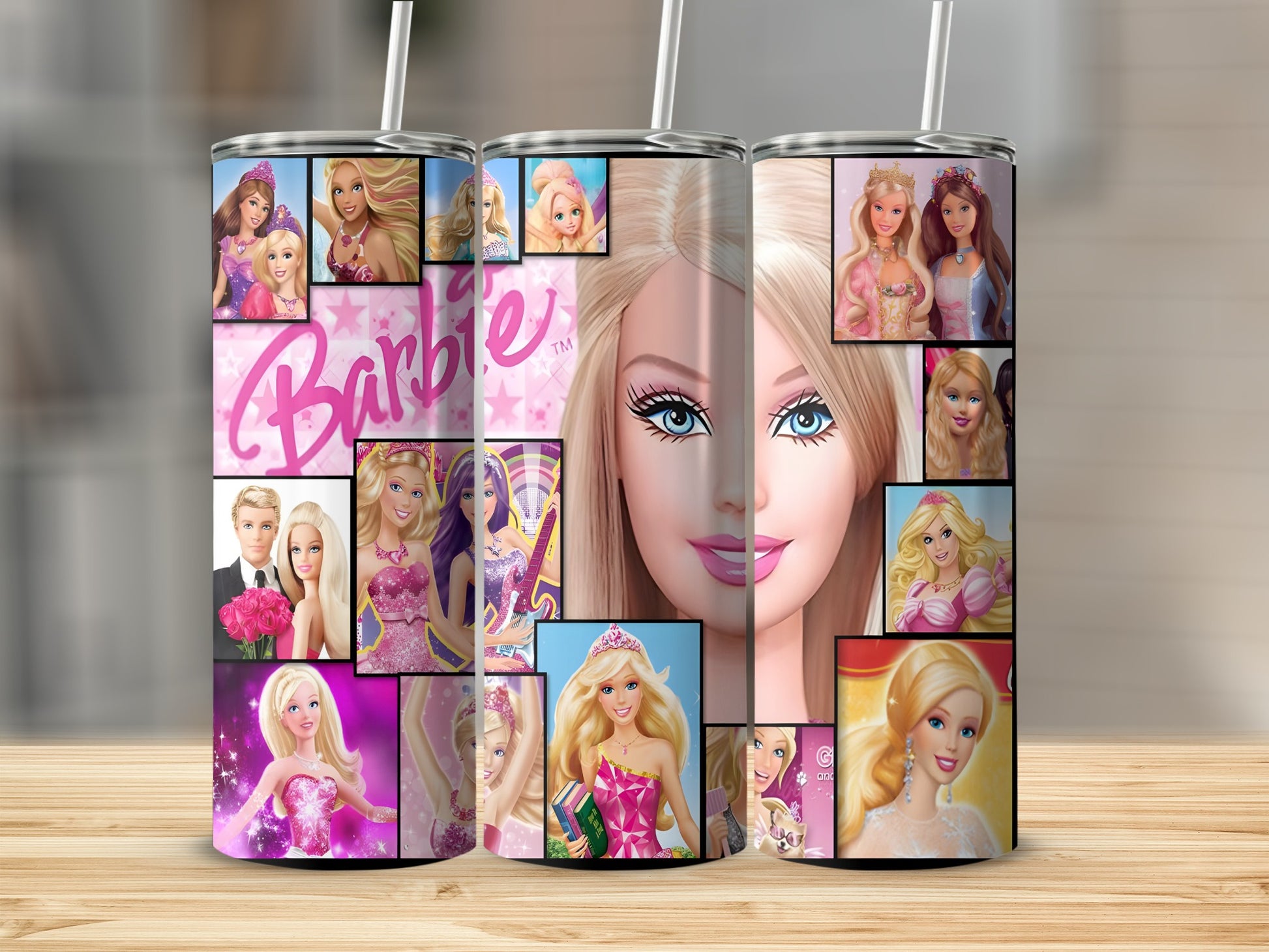 Barbie collage on a tumbler, featuring various Barbie dolls and the word "Barbie" in pink.