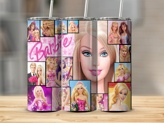 Barbie collage on a tumbler, featuring various Barbie dolls and the word "Barbie" in pink.