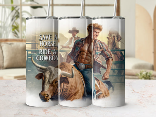 Man in plaid shirt riding bull with "Save a horse, ride a cowboy" text.