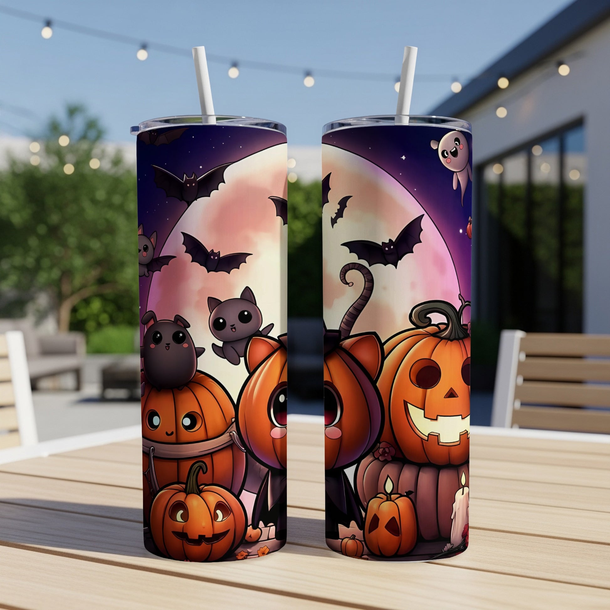 Cute Halloween themed tumblers with pumpkins, bats, and ghosts against a full moon.