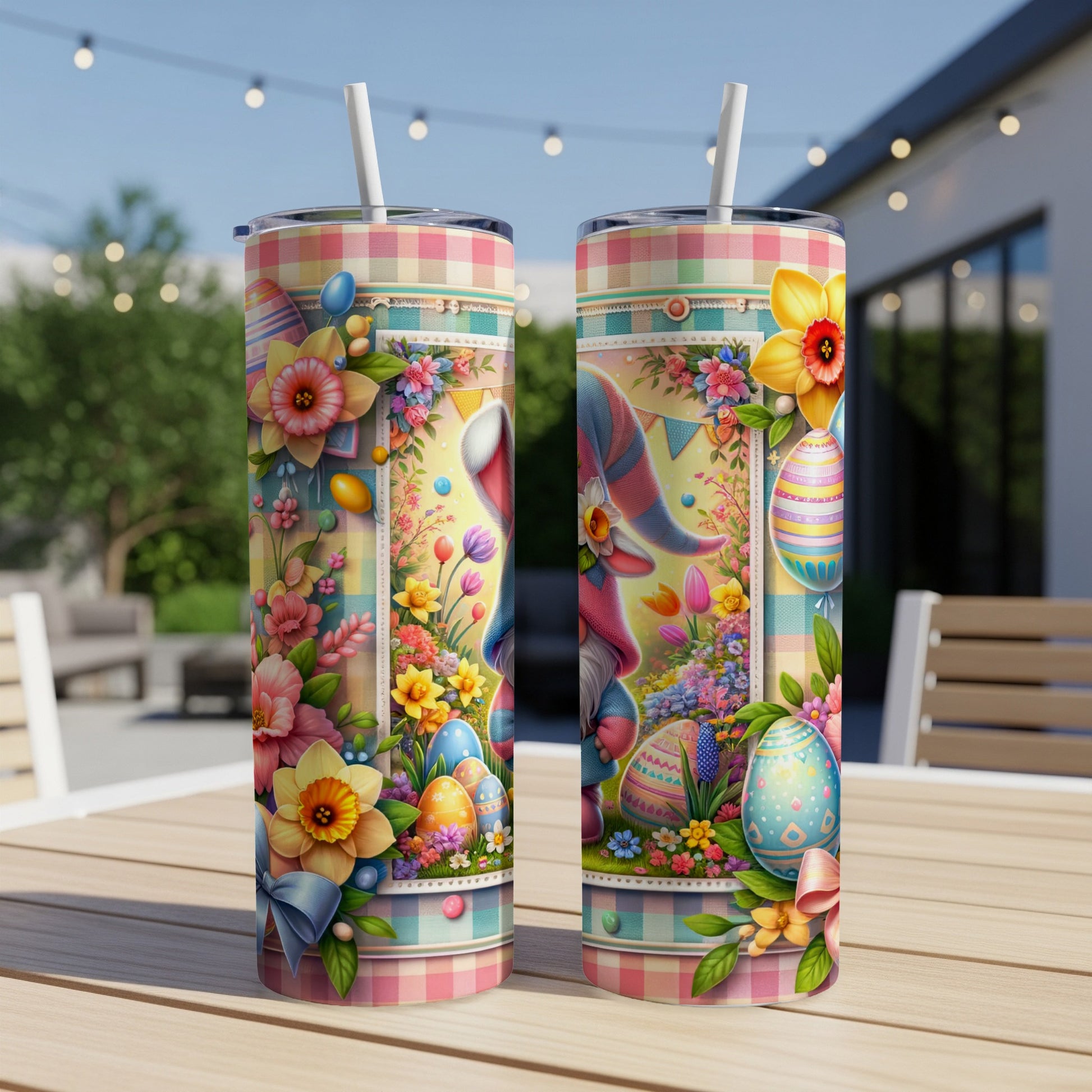 Two Easter-themed tumblers with gnomes, eggs, and floral designs on a checkered surface.