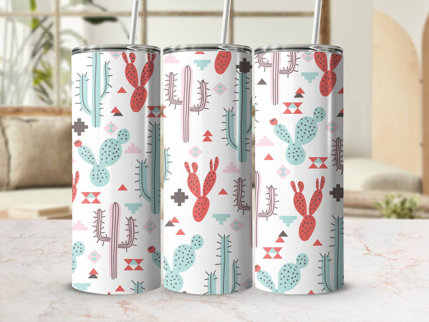 Three tumblers with a white background, featuring a southwest cactus and geometric pattern.