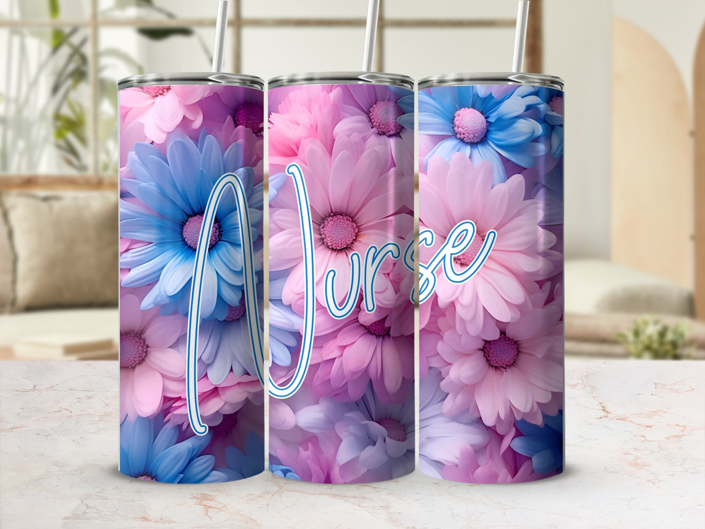 Pink and blue floral tumbler with "Nurse" text.