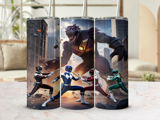 Three Power Rangers fighting a purple monster in a city setting.