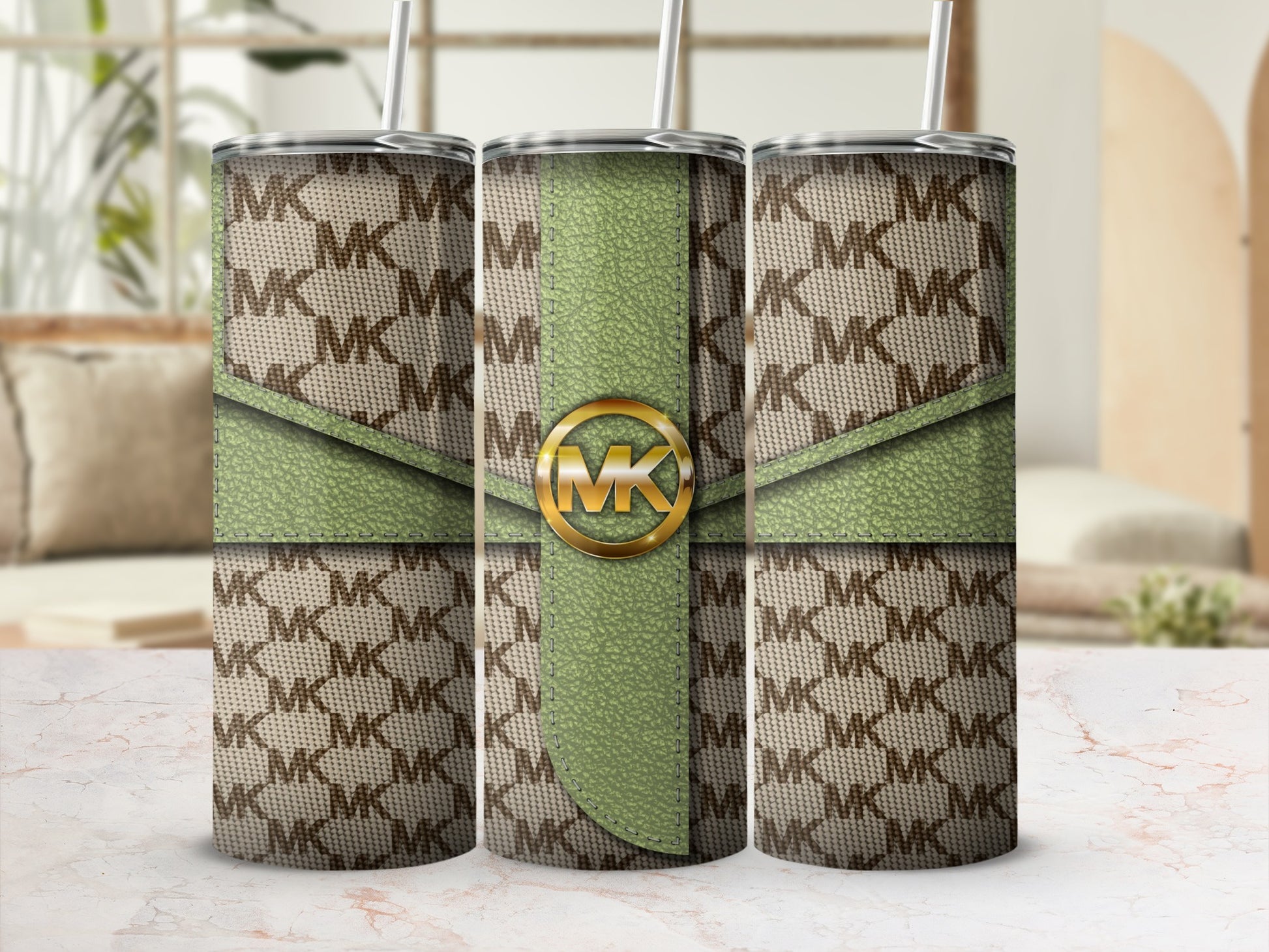 Stylish MK Logo-Patterned Green and Beige Drinkware
