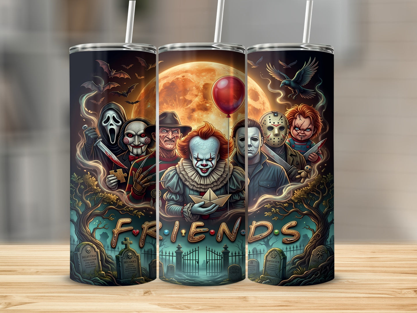 Horror characters and "FRIENDS" logo on a tumbler against a spooky backdrop.
