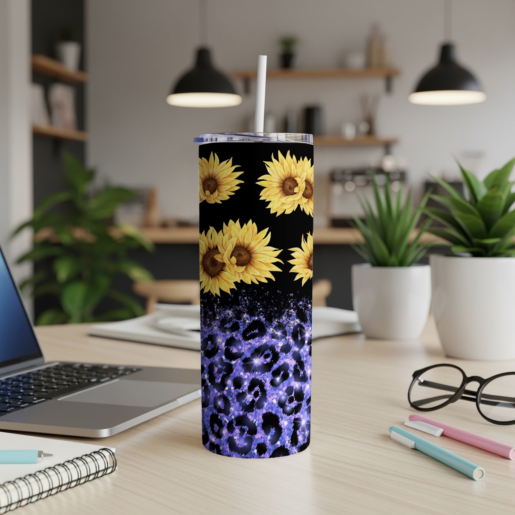 Tumbler with sunflowers and purple leopard print.
