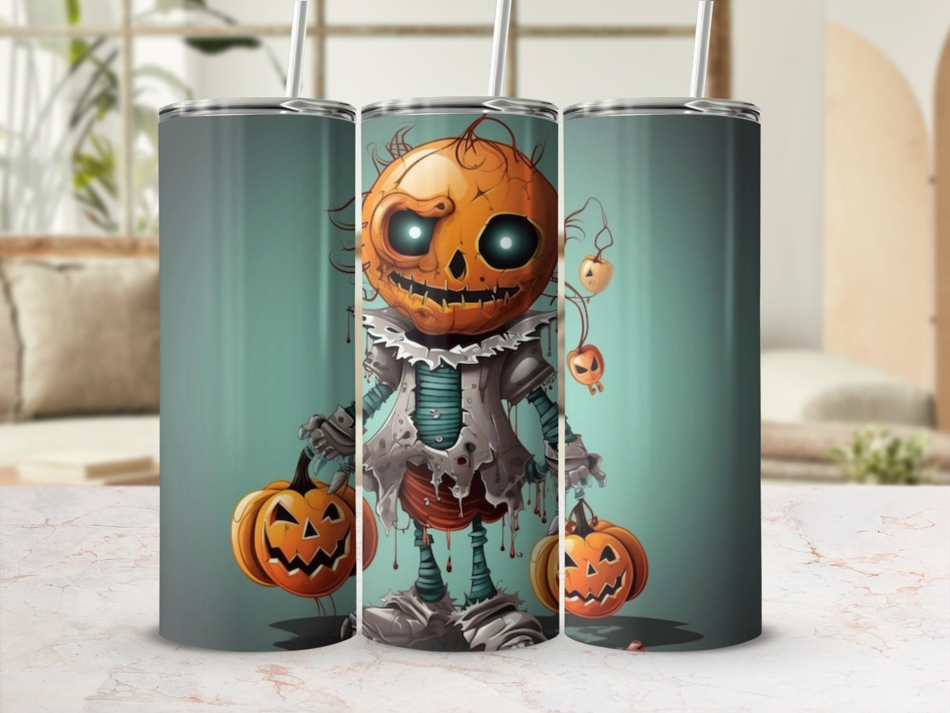 Halloween tumbler with spooky pumpkin character and glowing eyes.