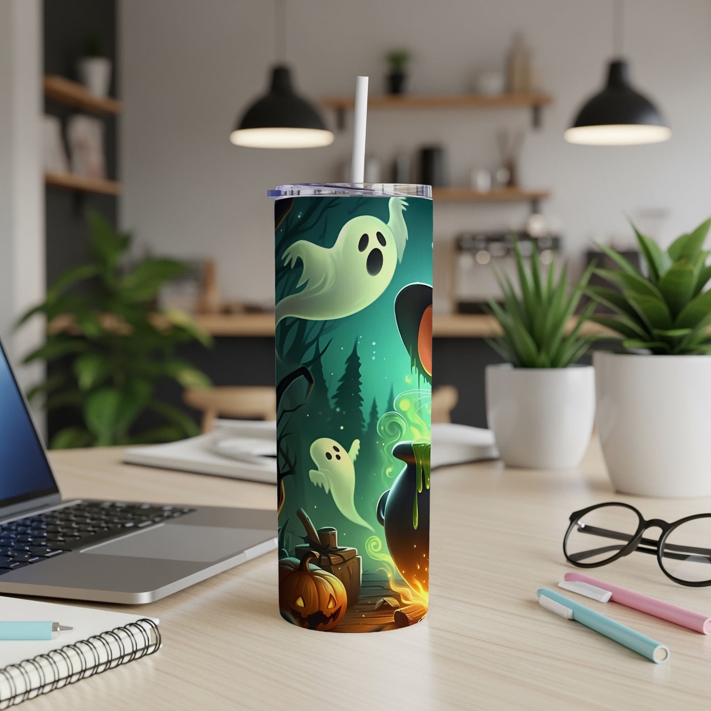 Tumbler with cartoon ghosts, jack-o-lantern, and bubbling cauldron in a dark forest.