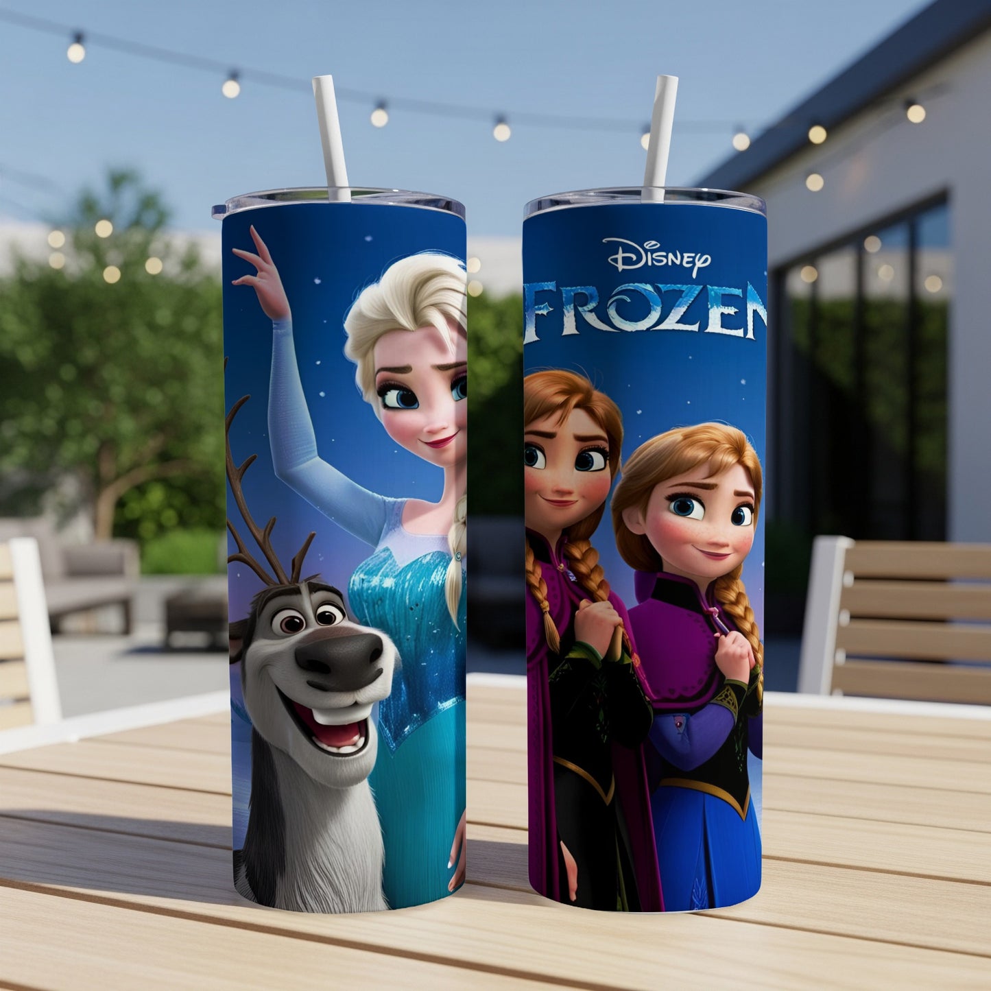 Frozen Elsa, Anna, and Sven characters on a blue background tumbler.