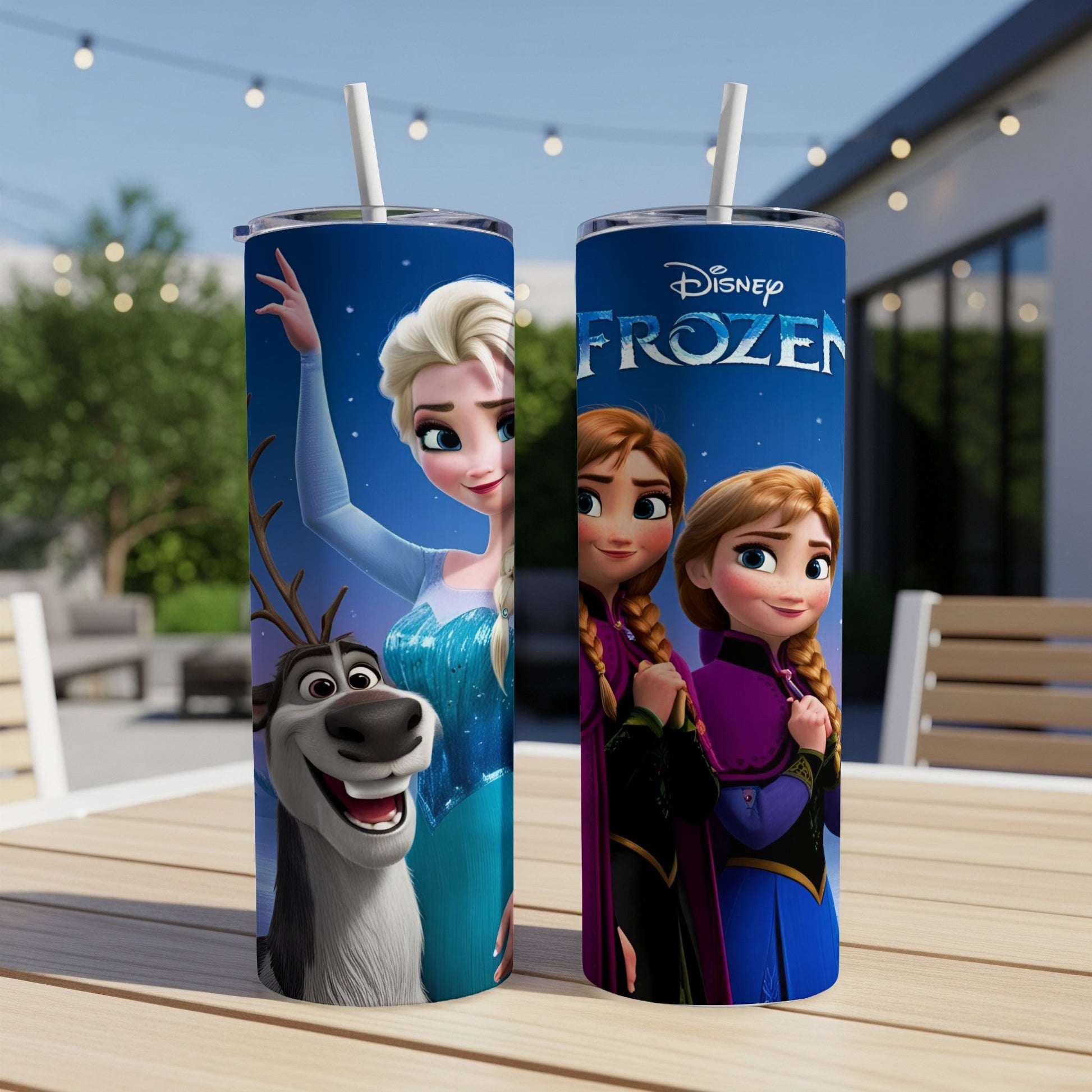 Frozen Elsa, Anna, and Sven characters on a blue background tumbler.