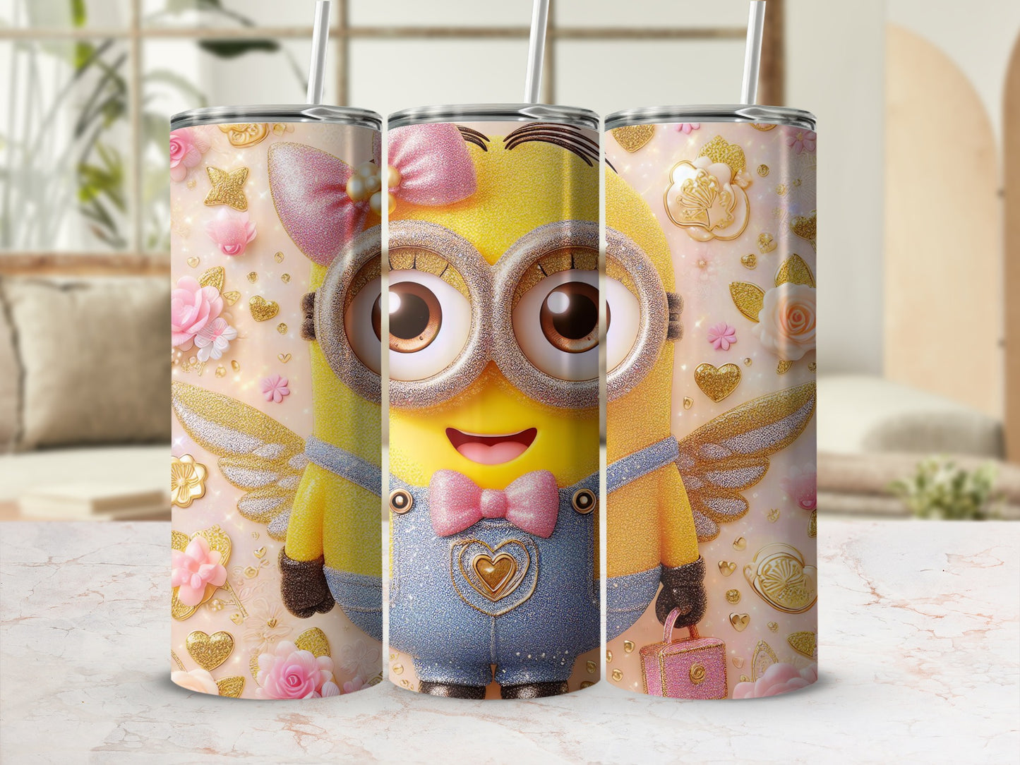 Glittering Cartoon Character Tumbler with Pink Bow Design