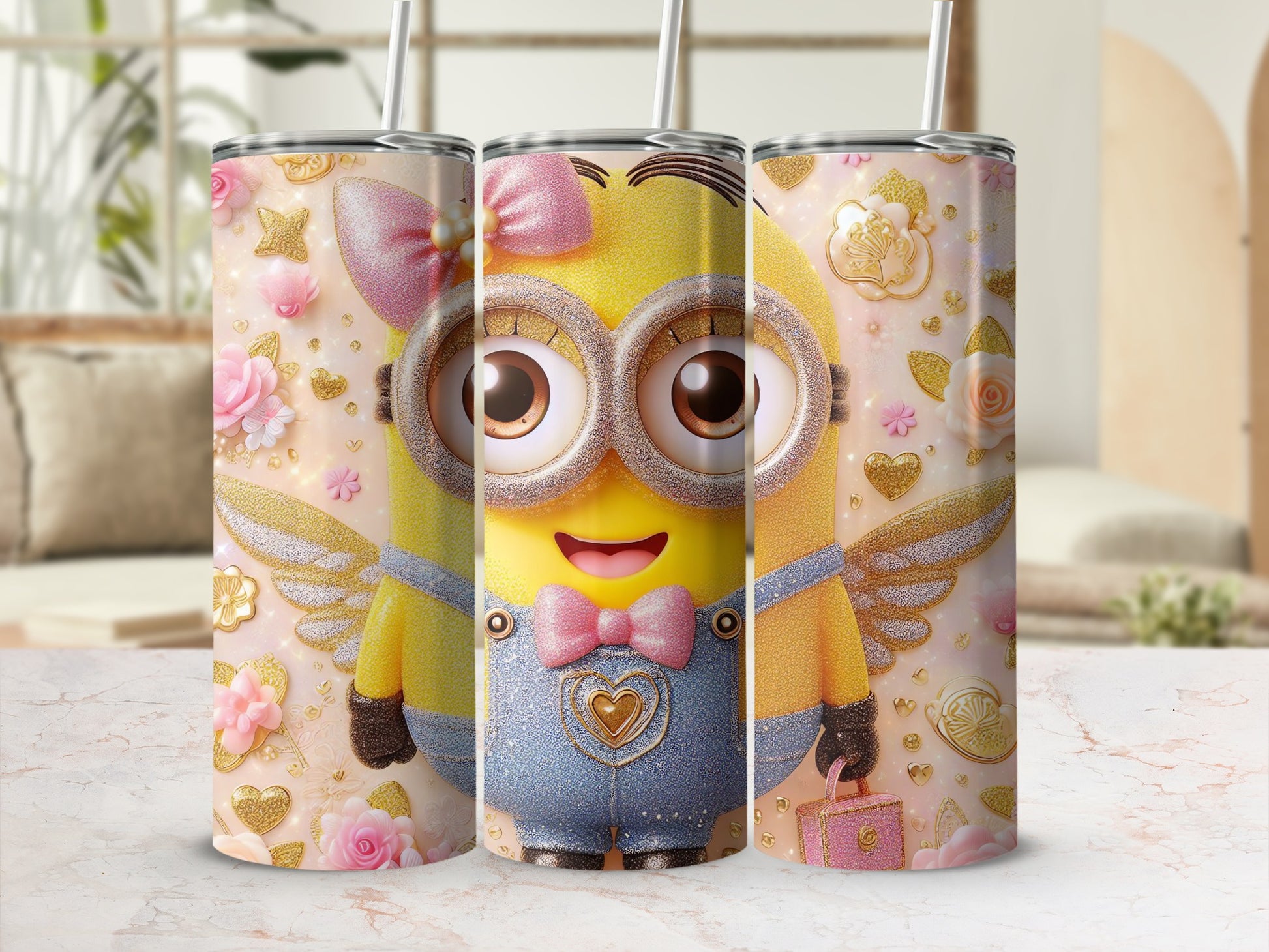Glittering Cartoon Character Tumbler with Pink Bow Design