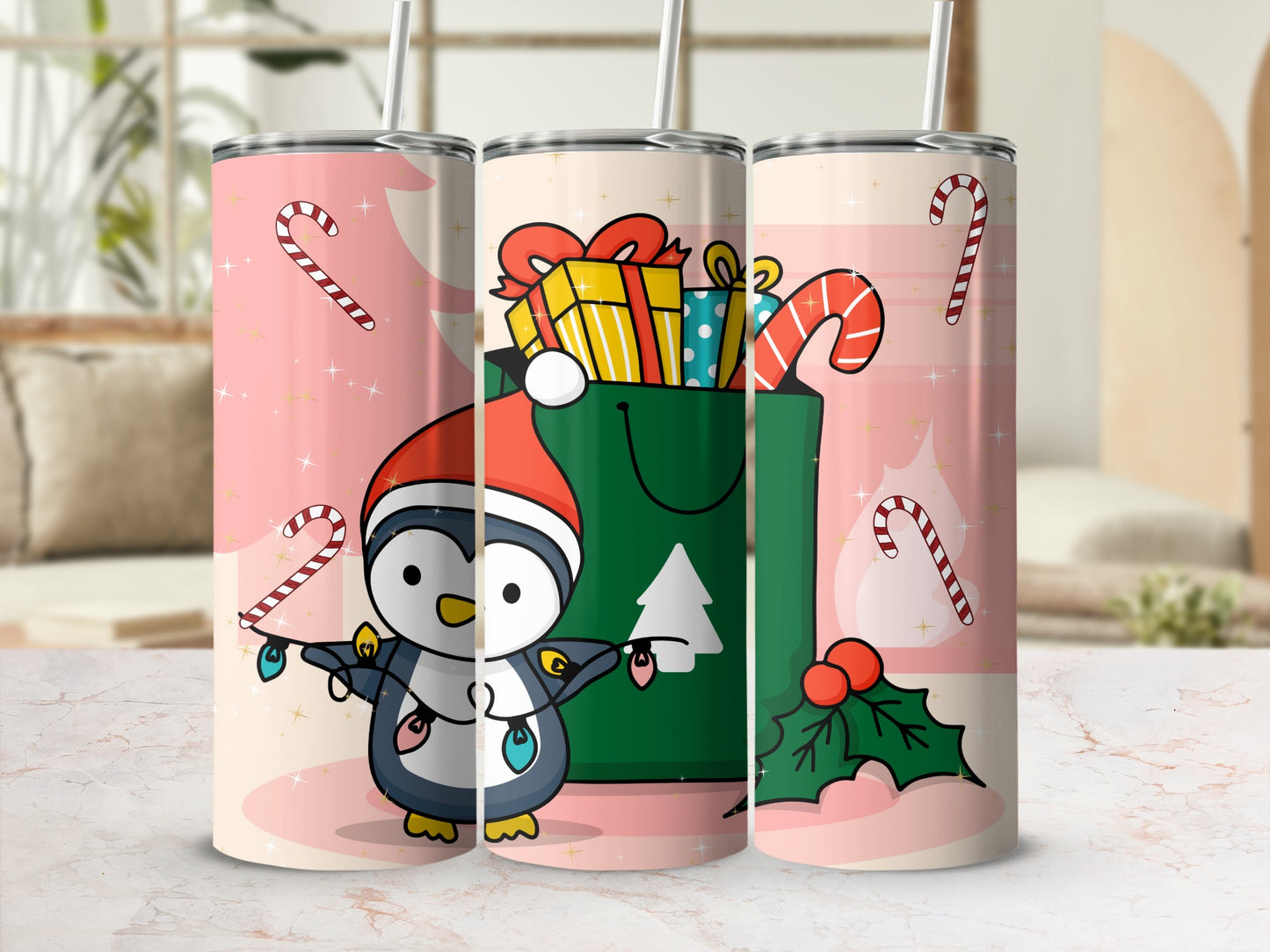 Cute Christmas Penguin with Gifts and Candy Canes Tumbler