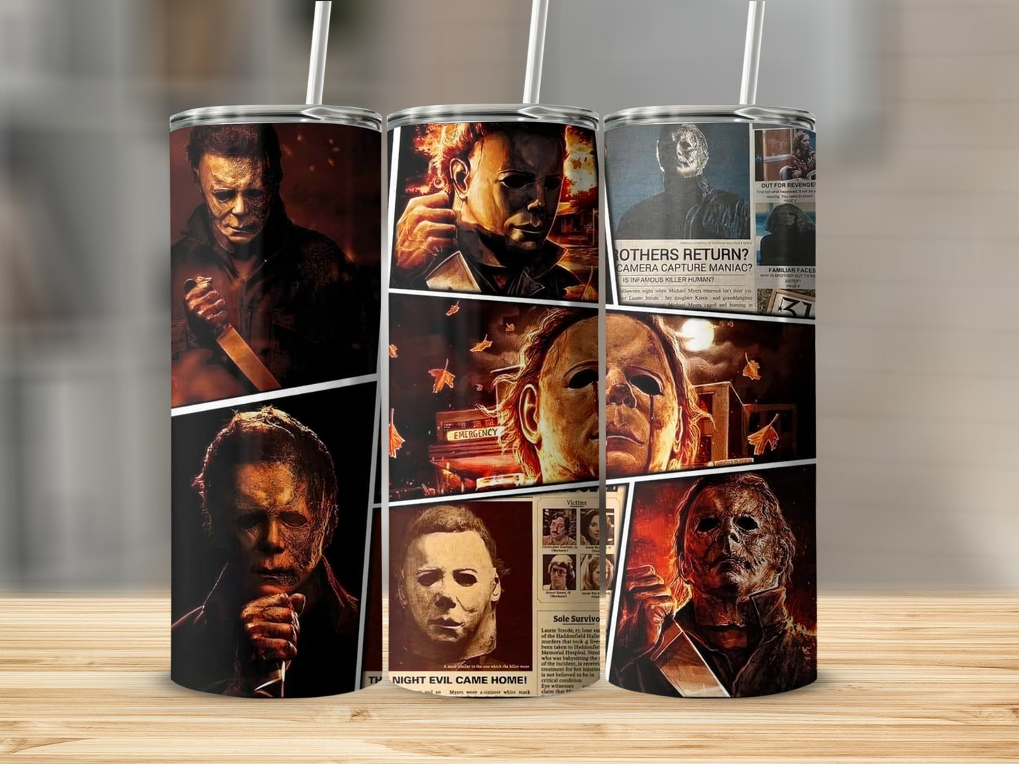 Michael Myers montage on tumblers with newspaper headlines and images.