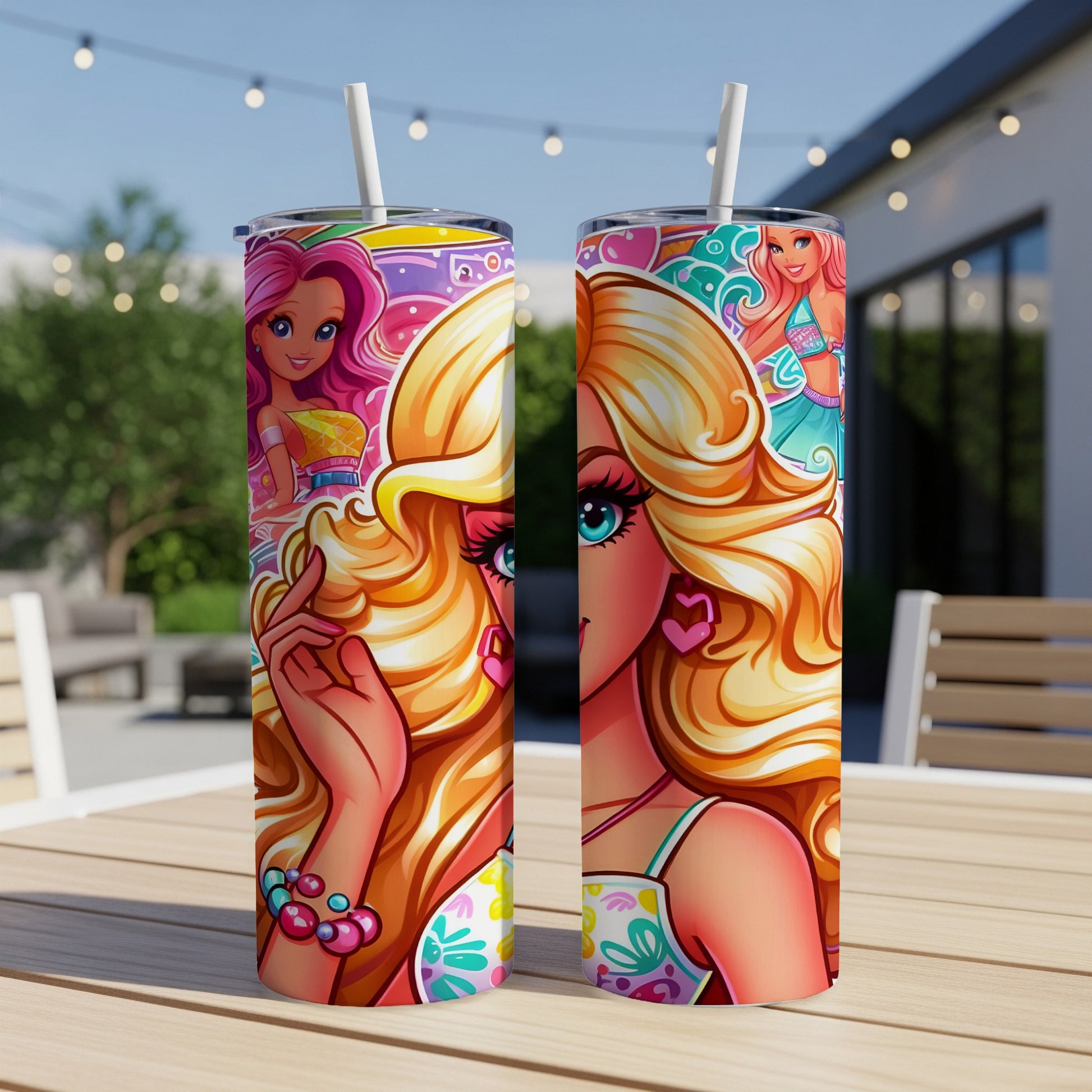 Barbie illustration on a double-walled tumbler with straws.