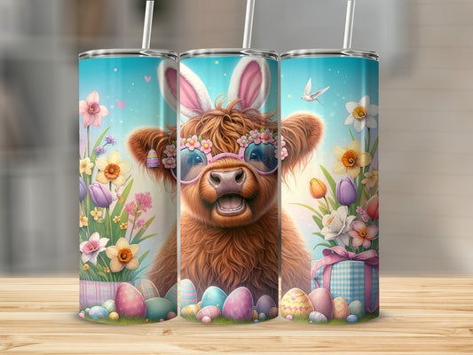 Highland cow with bunny ears and sunglasses surrounded by Easter eggs and flowers.