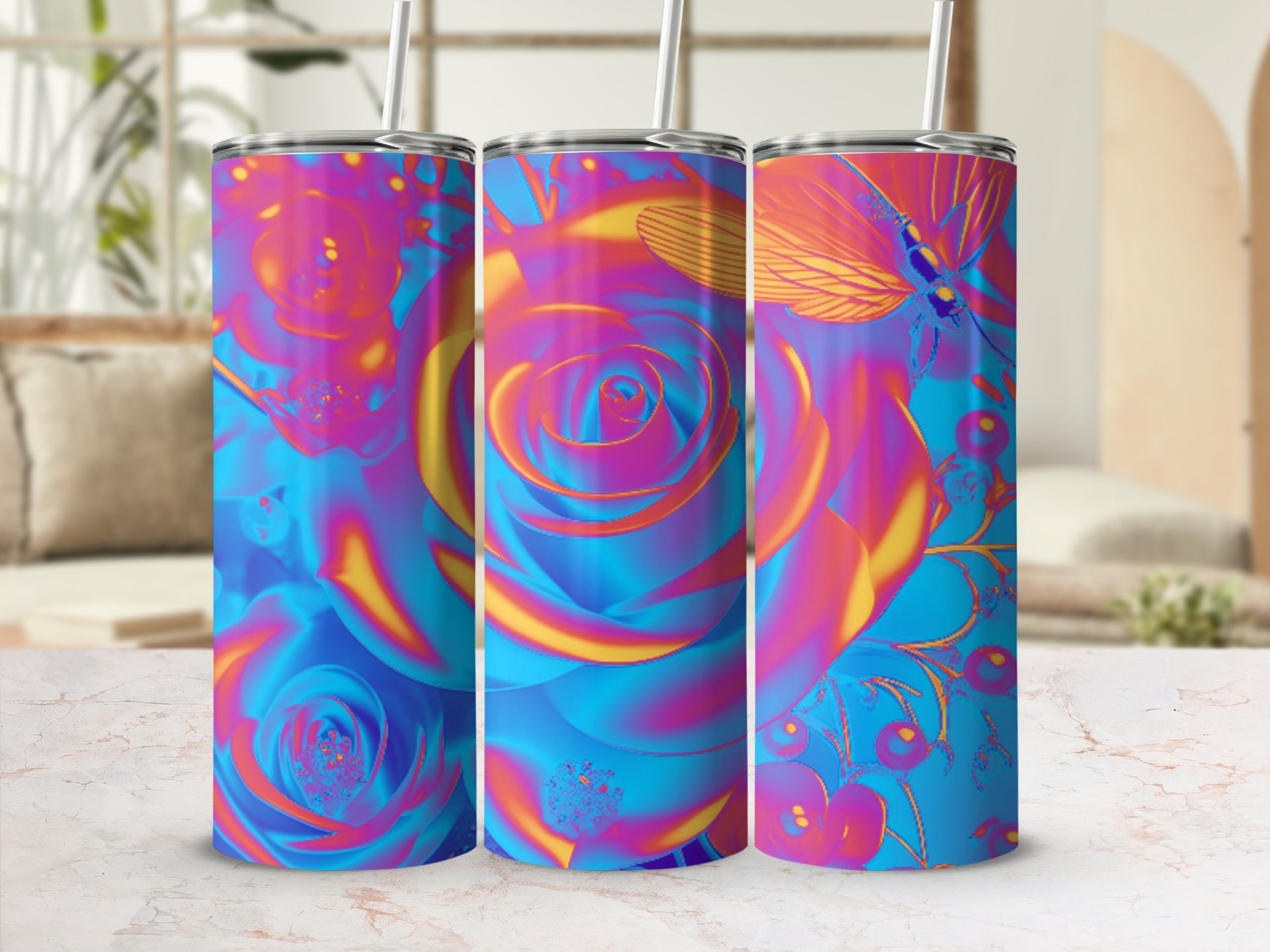 Triptych of tumblers with colorful rose and butterfly pattern.