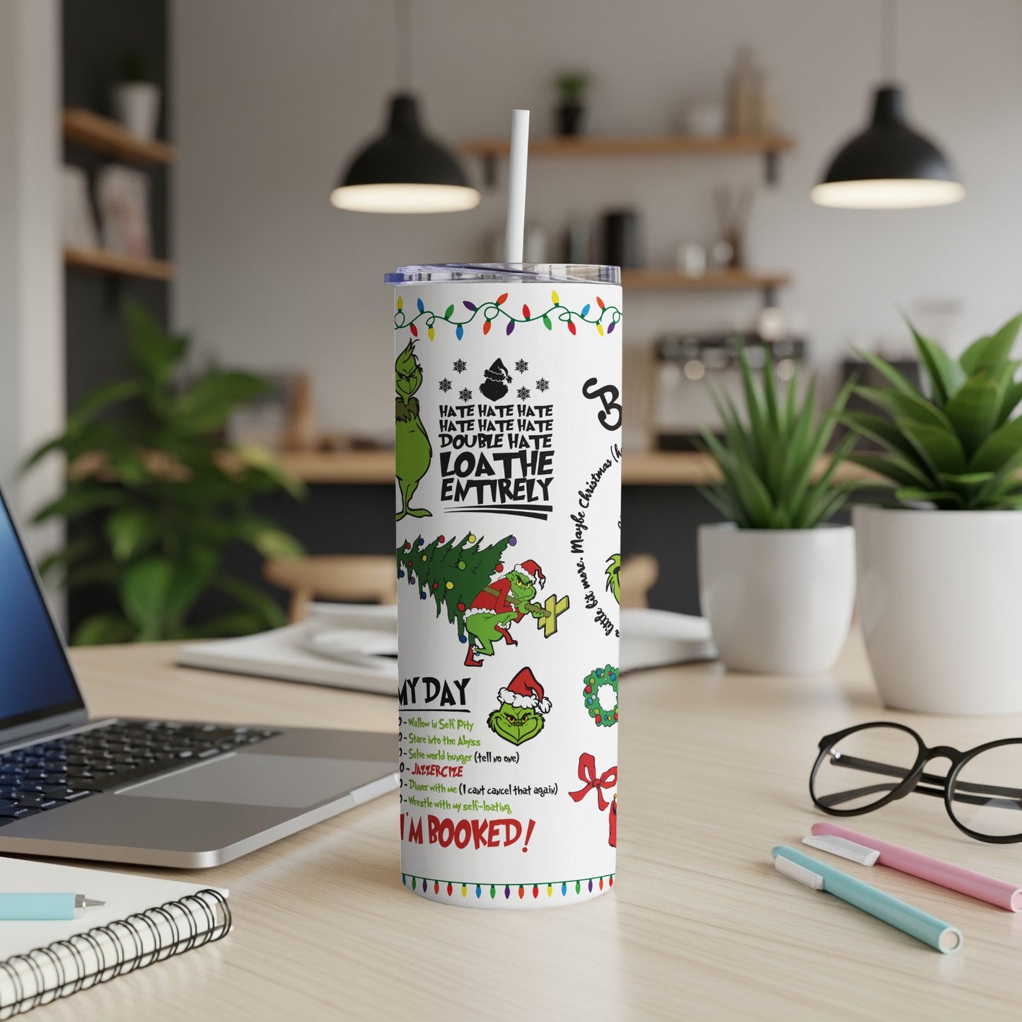 White tumbler with Grinch holiday design and sarcastic daily schedule.