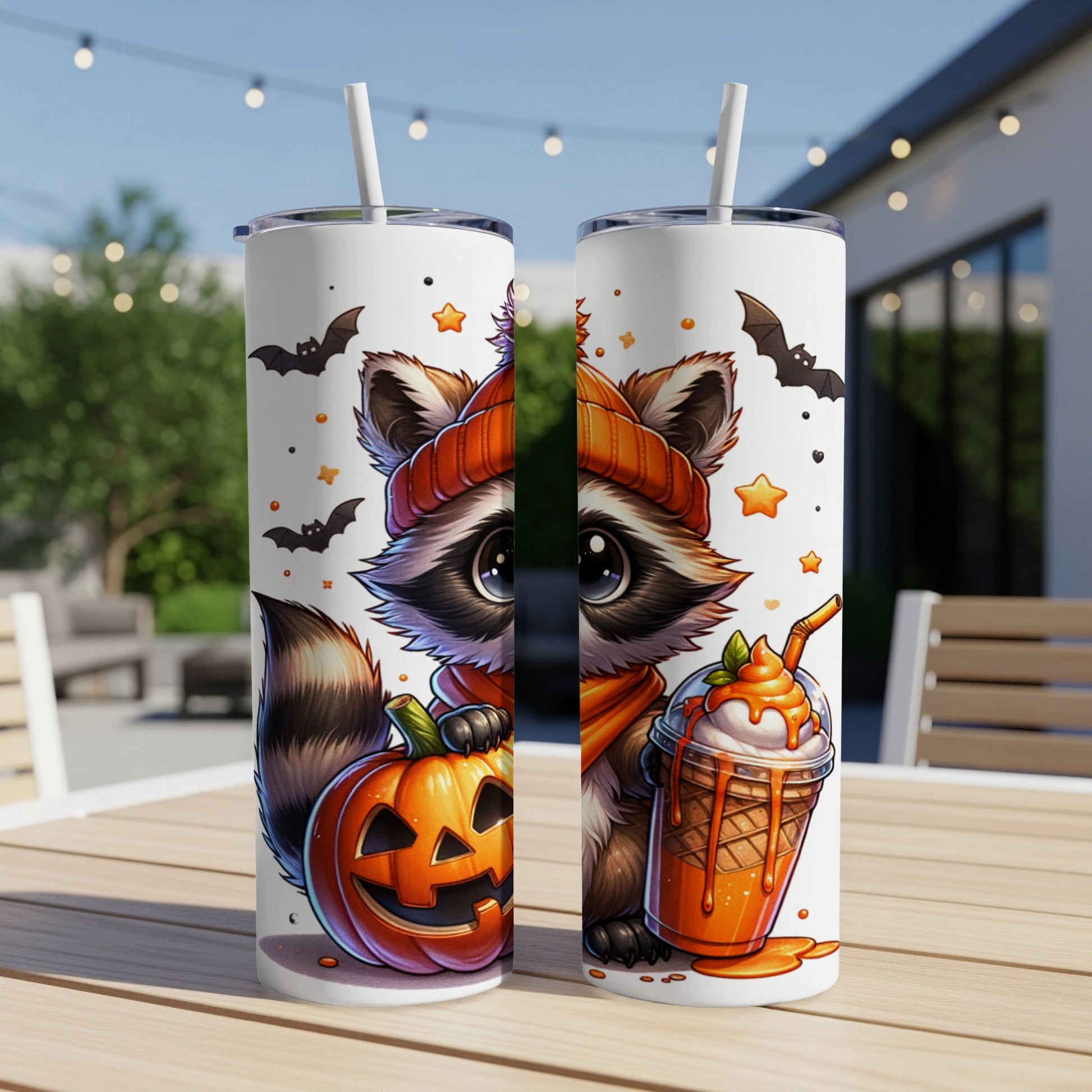 Two tumblers featuring a raccoon in Halloween attire with a pumpkin and a milkshake.