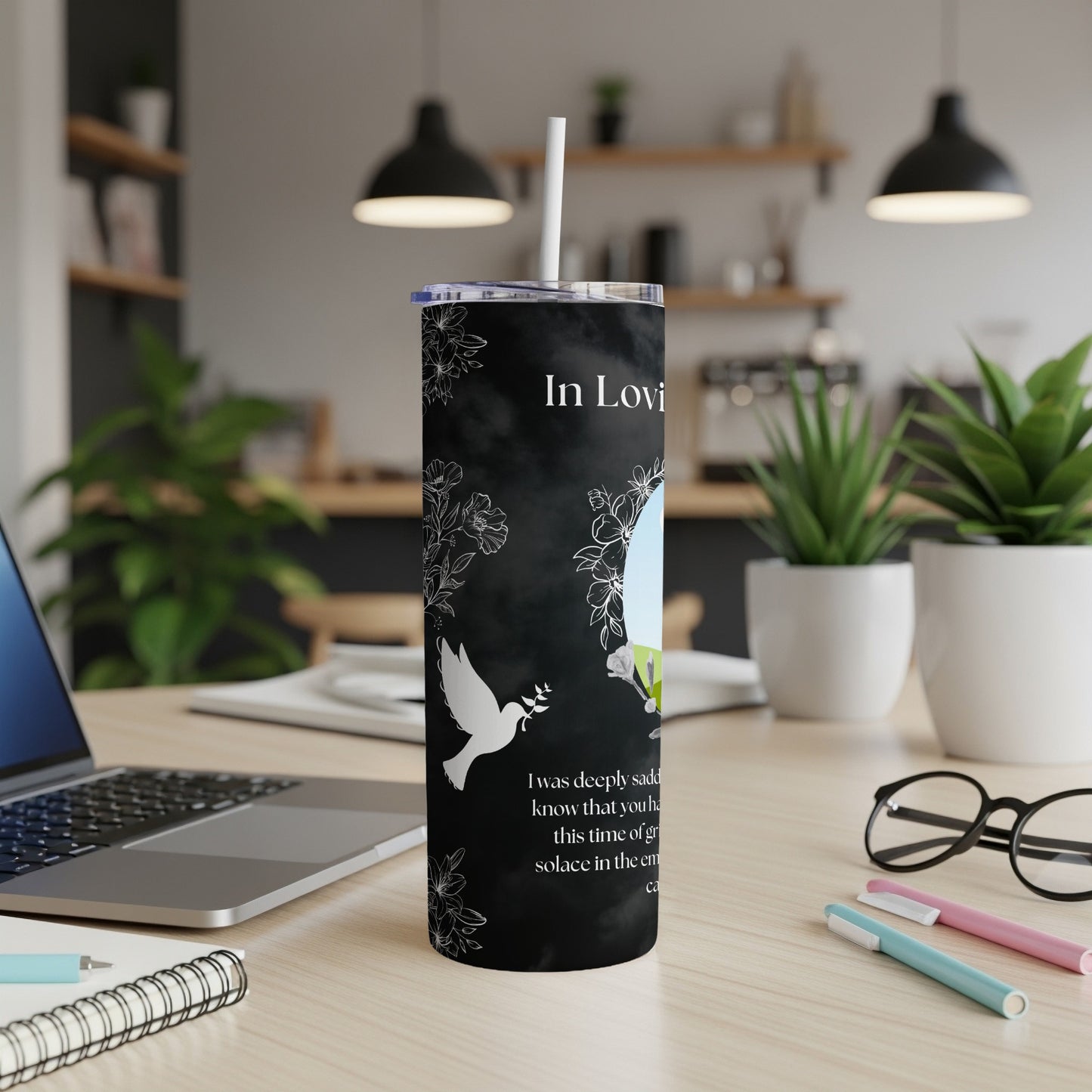 Black tumbler with "In Loving Memory" text, dove, flowers, and memorial message.