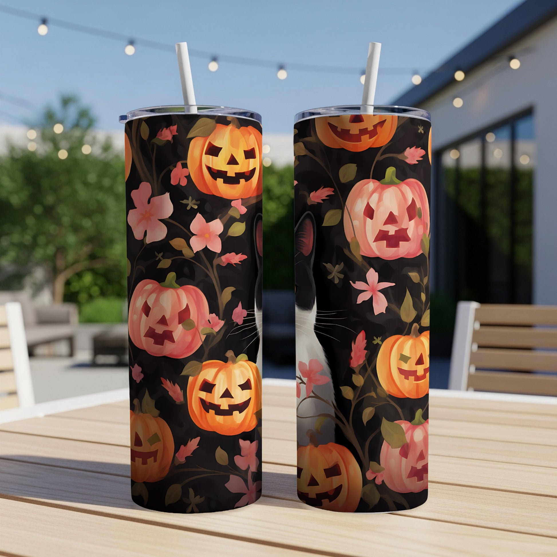 Two tumblers with Halloween pumpkins, flowers, and cat pattern on a table.